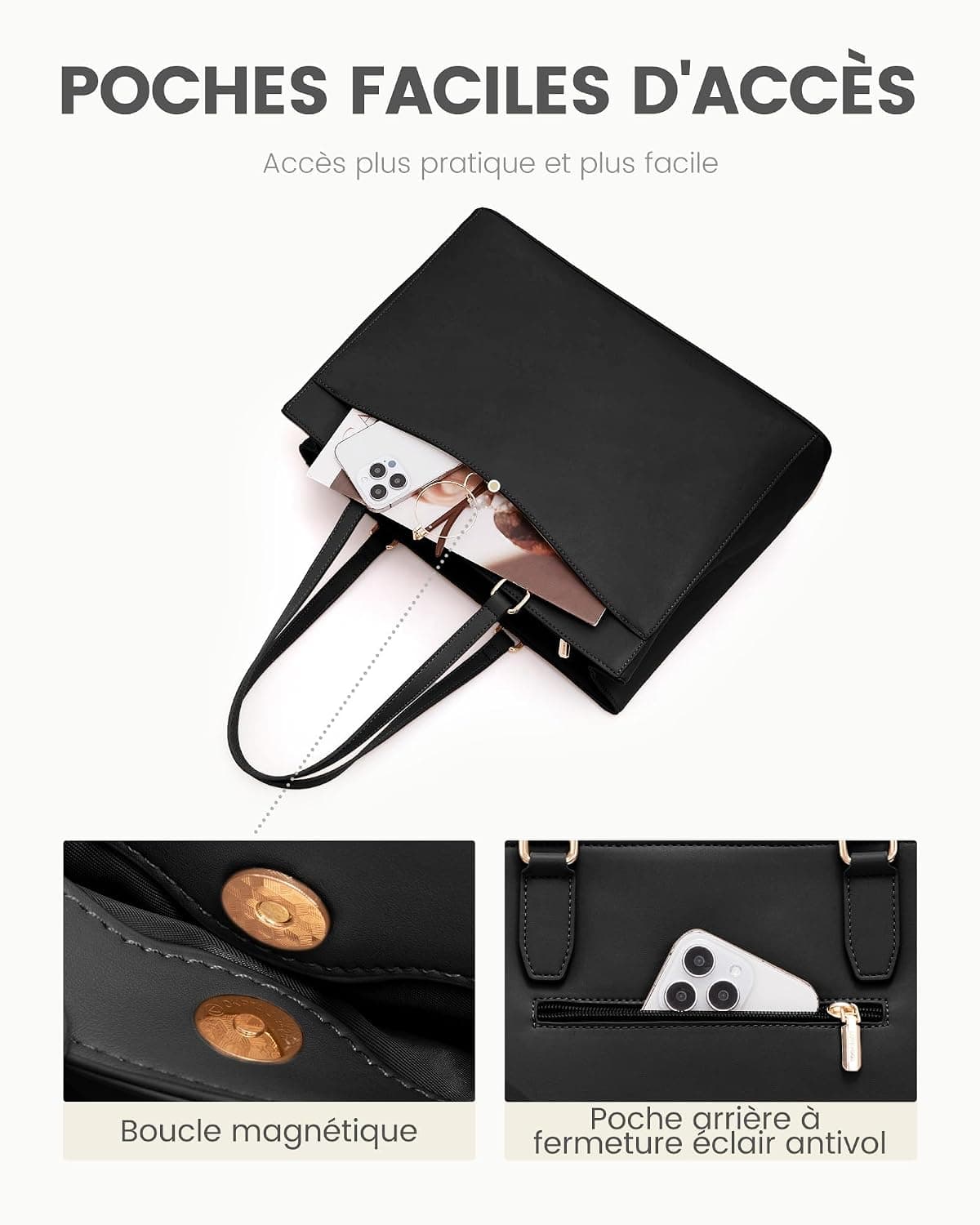 LOVEVOOK Sac Cabas Femme, Grande Sac Ordinateur Portable, Imperméable Sac de Cours Sacs a Main pour Les Cours Lycee, PU Cuir Sacoche Pour Travail étudiant Université Affaires