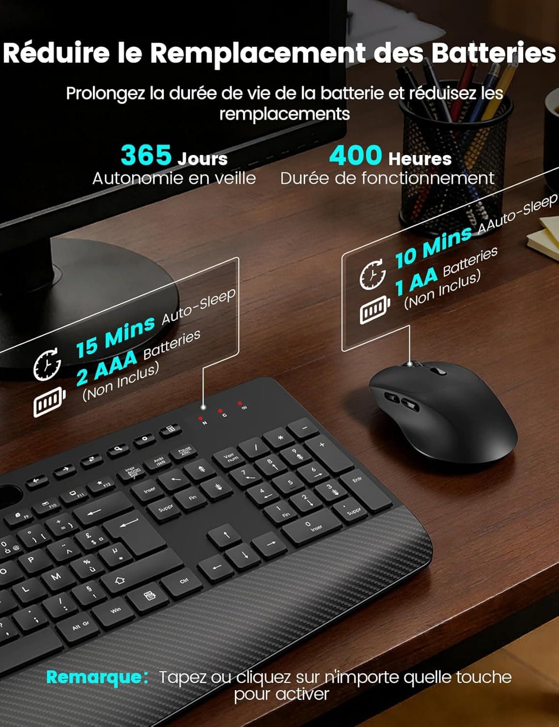 Clavier et Souris sans Fil, Ergonomique Pleine Taille, Repose-Poignet, 3DPI | Support, Mode Veille, 12 Raccourcis Clavier, 2,4 GHz Silencieux Clavier Souris pour Windows, PC, Laptop, AZERTY-KM23 (Noir)