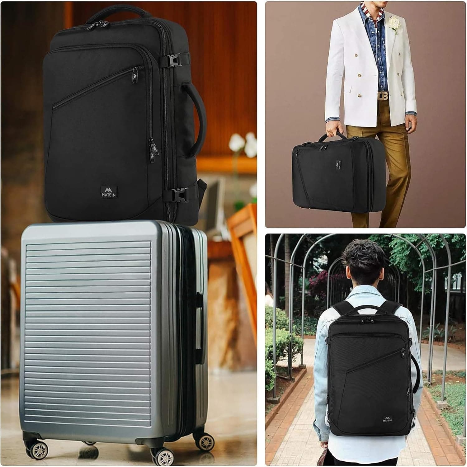 MATEIN Bagage Cabine 40x30x20, Sac a Dos Voyage Cabine Avion avec Ryanair | 40x30x20, Extensible Sac a Dos 30L, Imperméable Bagage a Main Femme Homme pour Scolaires Loisirs Travail, Noir