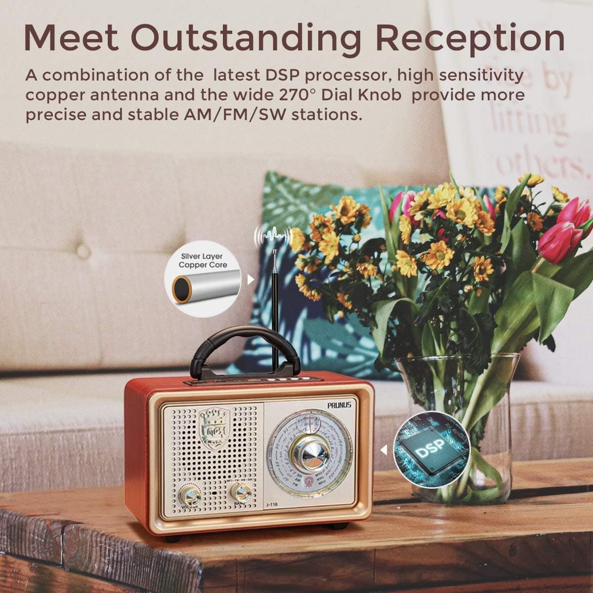 PRUNUS J-110 Radio Vintage AM/FM/SW, Rechargeable, Piles Et Secteur | Poste Radio Vintage avec Batterie 1200 mAh, Bluetooth, Piles Ou Secteur, Haut-Parleur 5 W Et Lecture USB