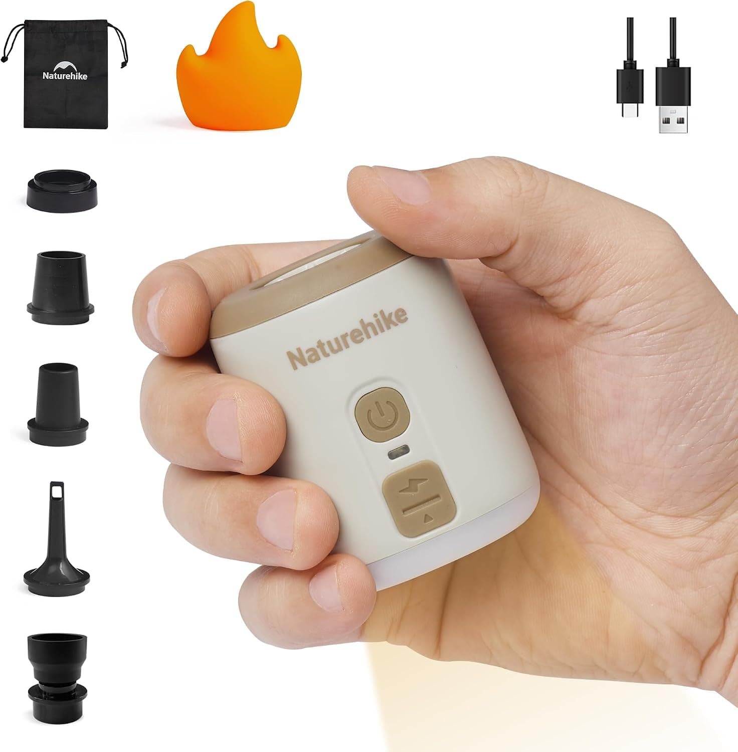 Naturehike Wind-Mini 1600 mAh Pompe à air à Batterie Rechargeable USB-C Mini Pompe à air de Camping Pompe à air électrique portative éclairée Pompe à air sur Coussin d'air avec 6 Buses d'air
