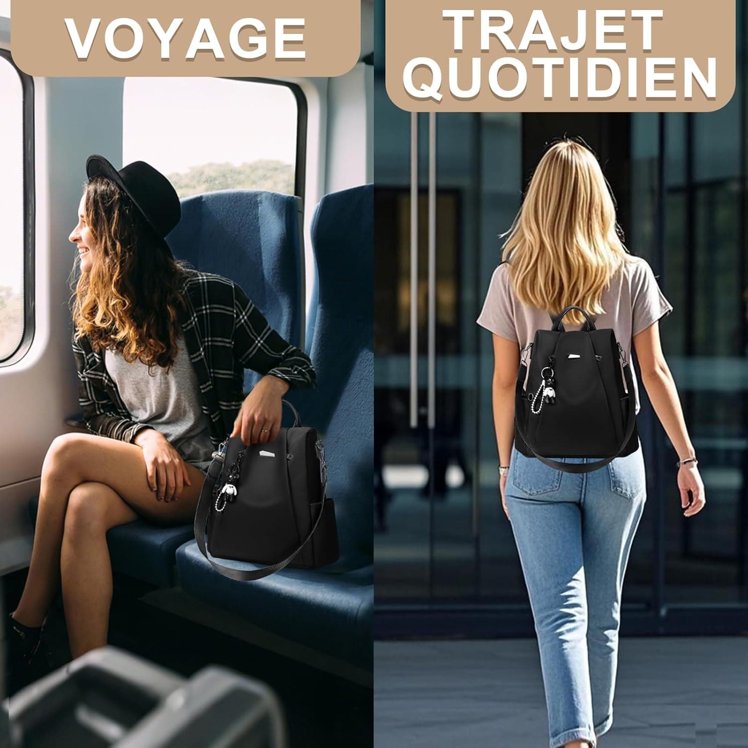 Eshow Sac à Dos Femme Antivol, Sacs à Main Portés Dos Femme, Petit Sac Bandoulière Fort Backpack Loisirs Casual Léger pour Voyage L'école Travail Université Collège Shopping Noir