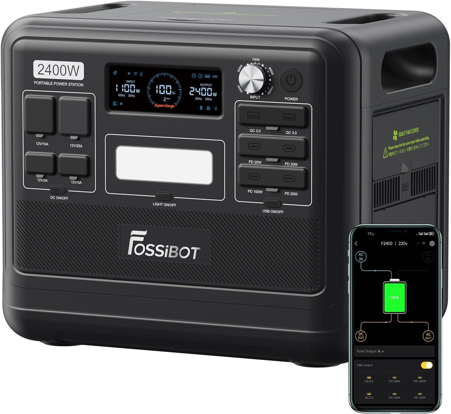 FOSSiBOT Station d'alimentation F2400 2400 W, 2048 Wh LiFePO4 - Générateur solaire portable - 3 x 230 V CA (crête 4800 W) - Alimentation mobile pour camping-car, générateur solaire - Bricolage comme
