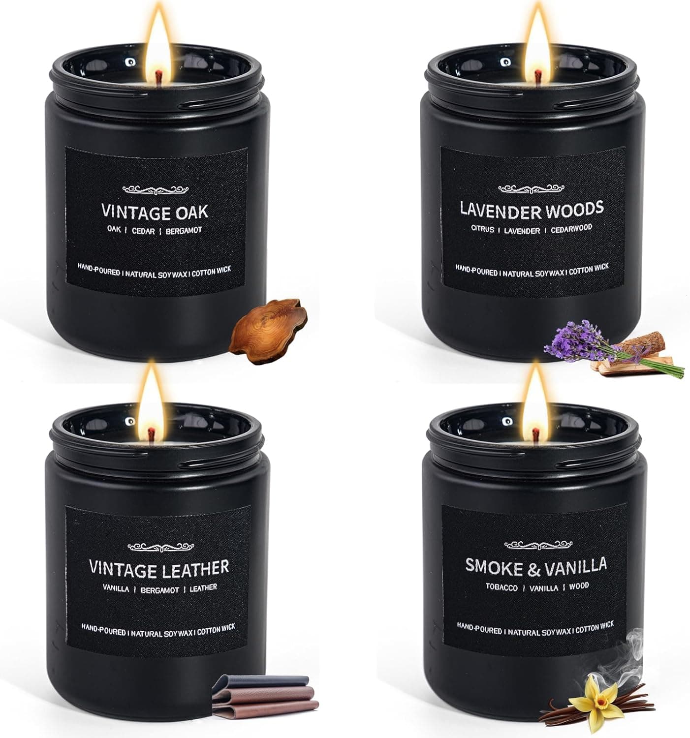 Bougies Parfumées pour Hommes, Ensemble de 4 Bougies de Soja pour la Maison, Cadeaux pour la Fête des Pères, avec des Arômes de Cuir/Chêne/Bois de Lavande/Vanille Fumée