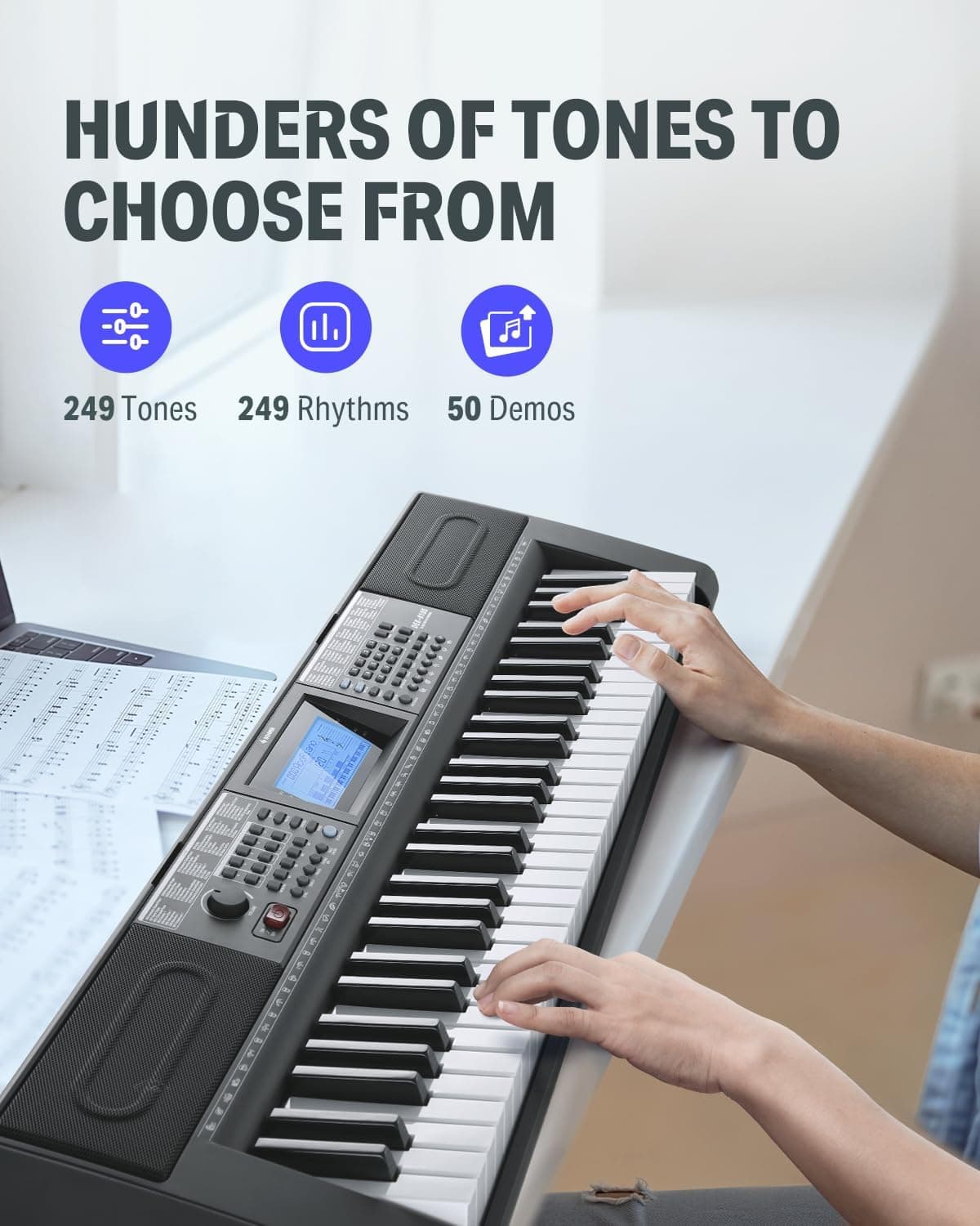 Donner Keyboard Piano 61 Key, Kit de clavier électrique avec 249 voix, 249 rythmes - Comprend un support de piano, un tabouret, un microphone, Cadeau pour les débutants, Noir(DEK-610S)