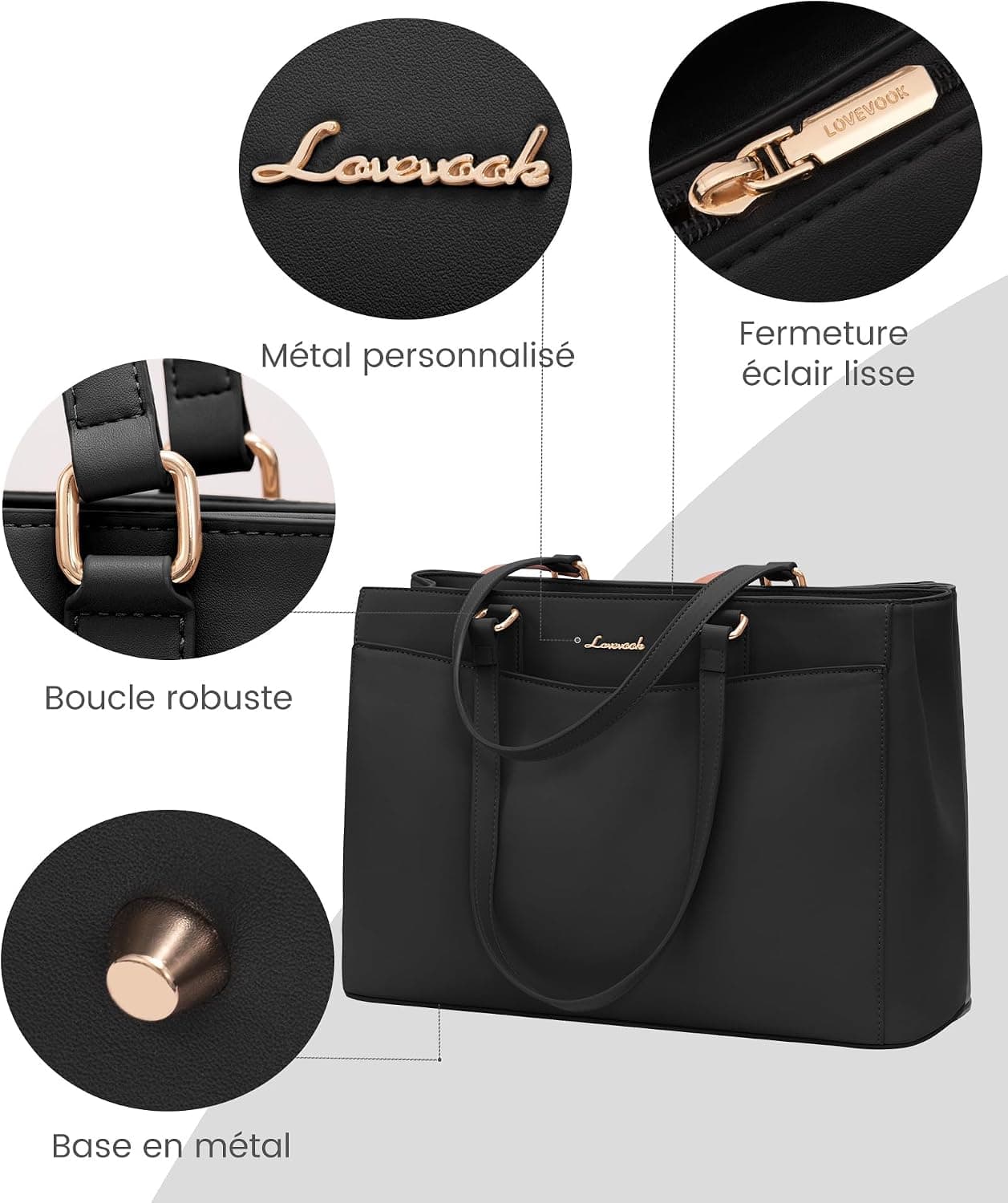 LOVEVOOK Sac Cabas Femme, Grande Sac Ordinateur Portable, Imperméable Sac de Cours Sacs a Main pour Les Cours Lycee, PU Cuir Sacoche Pour Travail étudiant Université Affaires
