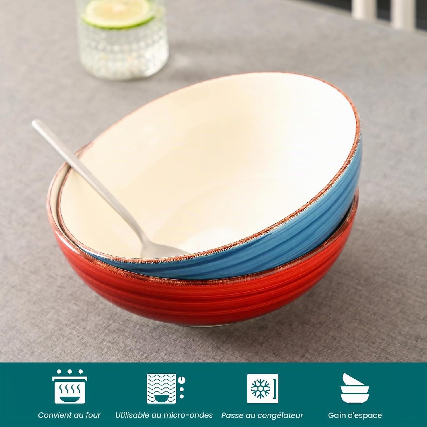 vancasso, Série Bella, Service de Table, Faïence Style Vintage Rustique (Rouge & Bleu, Service Bol Saladier *2)