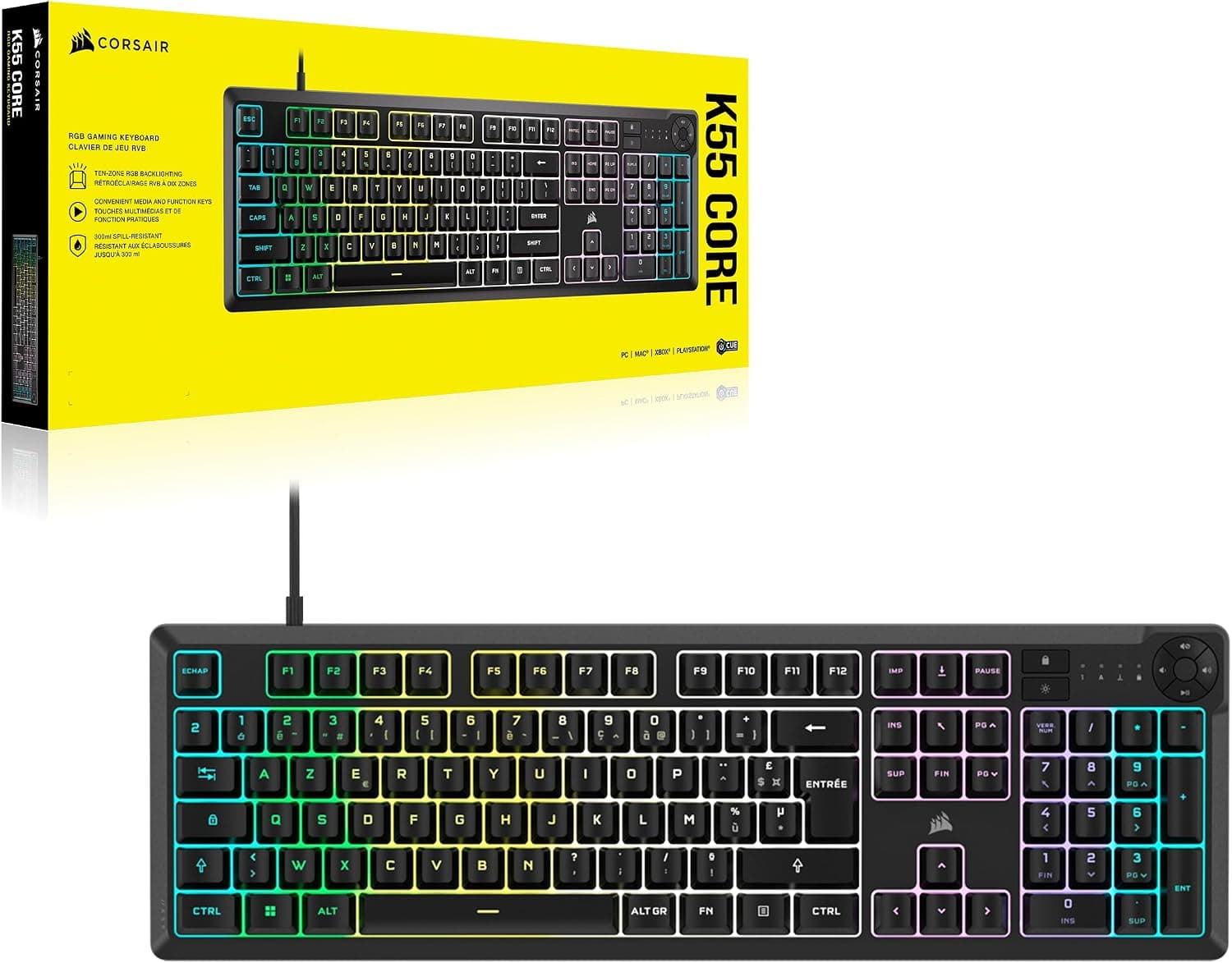 Corsair K55 Core RGB Clavier de Jeu Filaire à Membrane (AZERTY FR) – Noir | Commutateurs Réactifs, Résistance Aux éclaboussures, Ten-Zone RGB, Touches Multimédia, Compatible iCUE, PC, Mac