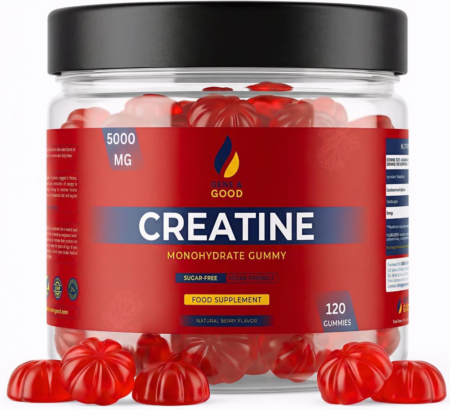 Gene & Good® Créatine Monohydrate 5000mg-120 Végétalien Creatine Gummies, Halal - Arôme Naturel De Baies, Prise Masse Musculaire & Force - Complément Idéal à Whey Protein, Sans Sucre