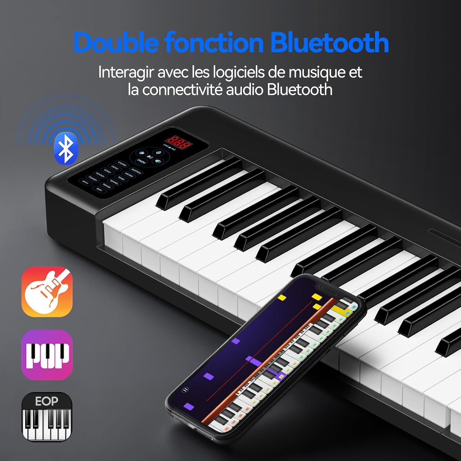 Rhymo Clavier de piano pliant, piano électrique sensible à 61 touches, clavier électrique portable lesté avec Bluetooth MIDI, clavier numérique pliable pour débutant