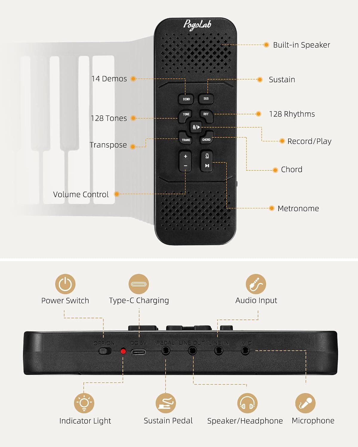 POGOLAB Clavier Piano 88 Touches Enroulable - Souple Avec 14 Démos/128 Rythmes/128 Tonalités, Pliable Portable Avec Pédale, Bluetooth, Numérique Pour Débutants
