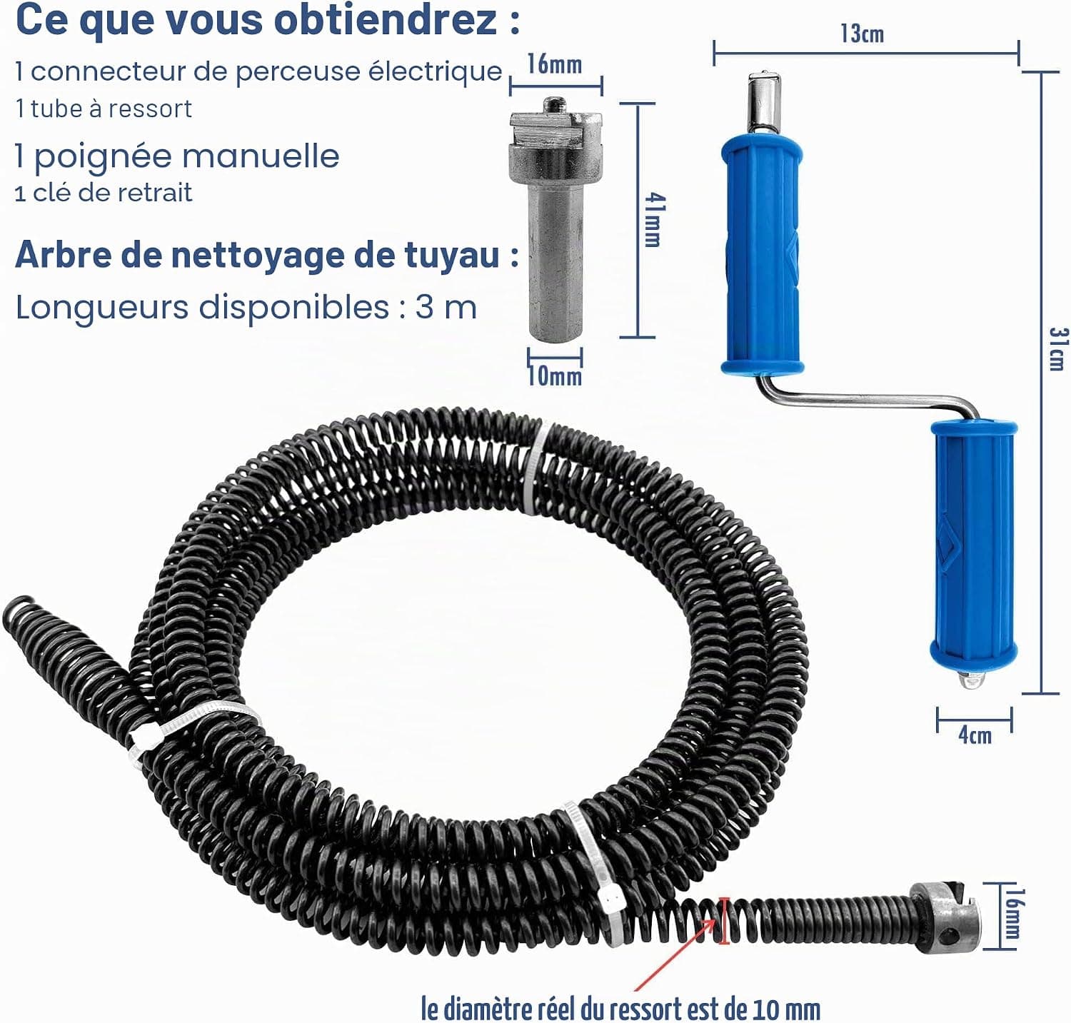 Furet Deboucheur Canalisation 3m, ø10mm, En Spirale, Avec Adaptateurs éLectriques, Arbre De Nettoyage de Canalisations Multifonction, DéBoucheur Efficace (3m)