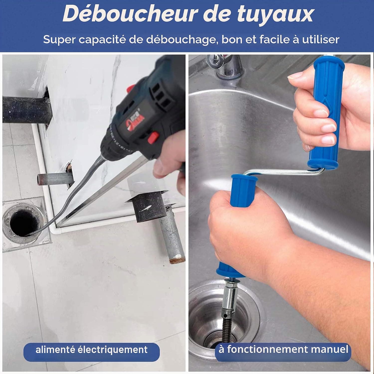 Furet Deboucheur Canalisation 3m, ø10mm, En Spirale, Avec Adaptateurs éLectriques, Arbre De Nettoyage de Canalisations Multifonction, DéBoucheur Efficace (3m)