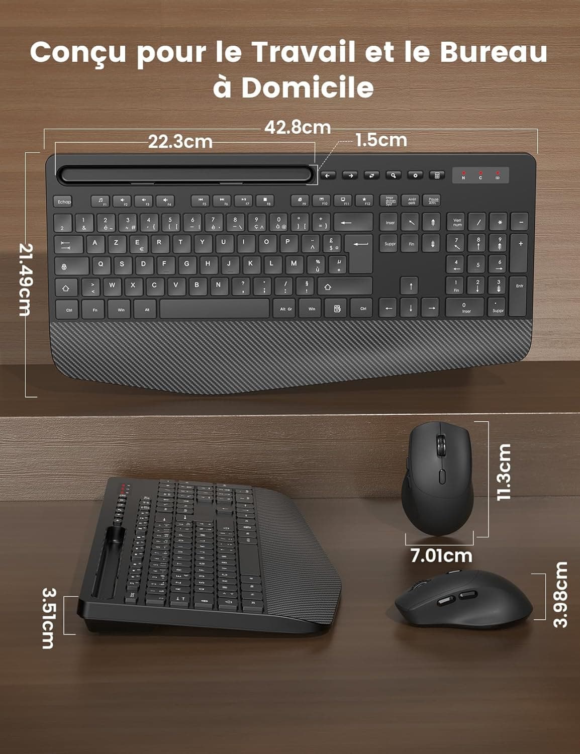 Clavier et Souris sans Fil, Ergonomique Pleine Taille, Repose-Poignet, 3DPI | Support, Mode Veille, 12 Raccourcis Clavier, 2,4 GHz Silencieux Clavier Souris pour Windows, PC, Laptop, AZERTY-KM23 (Noir)