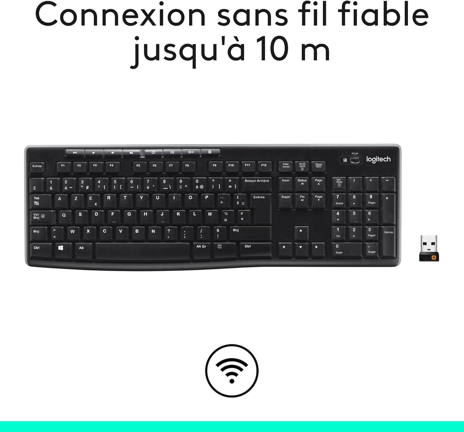Logitech K270 Clavier Sans Fil pour Windows | Clavier sans fil 2.4 GHz, Taille Standard, Pavé Numérique, 8 Touches Multimédia, PC/Portable, AZERTY - Noir