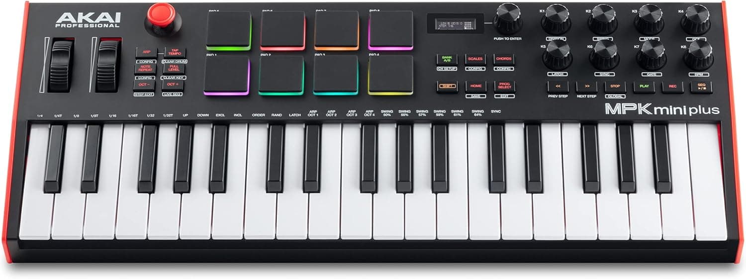Akai Professional MPK Mini Plus Clavier MIDI USB 37 Touches | Touches Mini Sensibles à la Vélocité, 8 Pads MPC, Séquenceur 64 Pas, E/S MIDI/CV/Gate, Logiciels Inclus, pour Beatmakers
