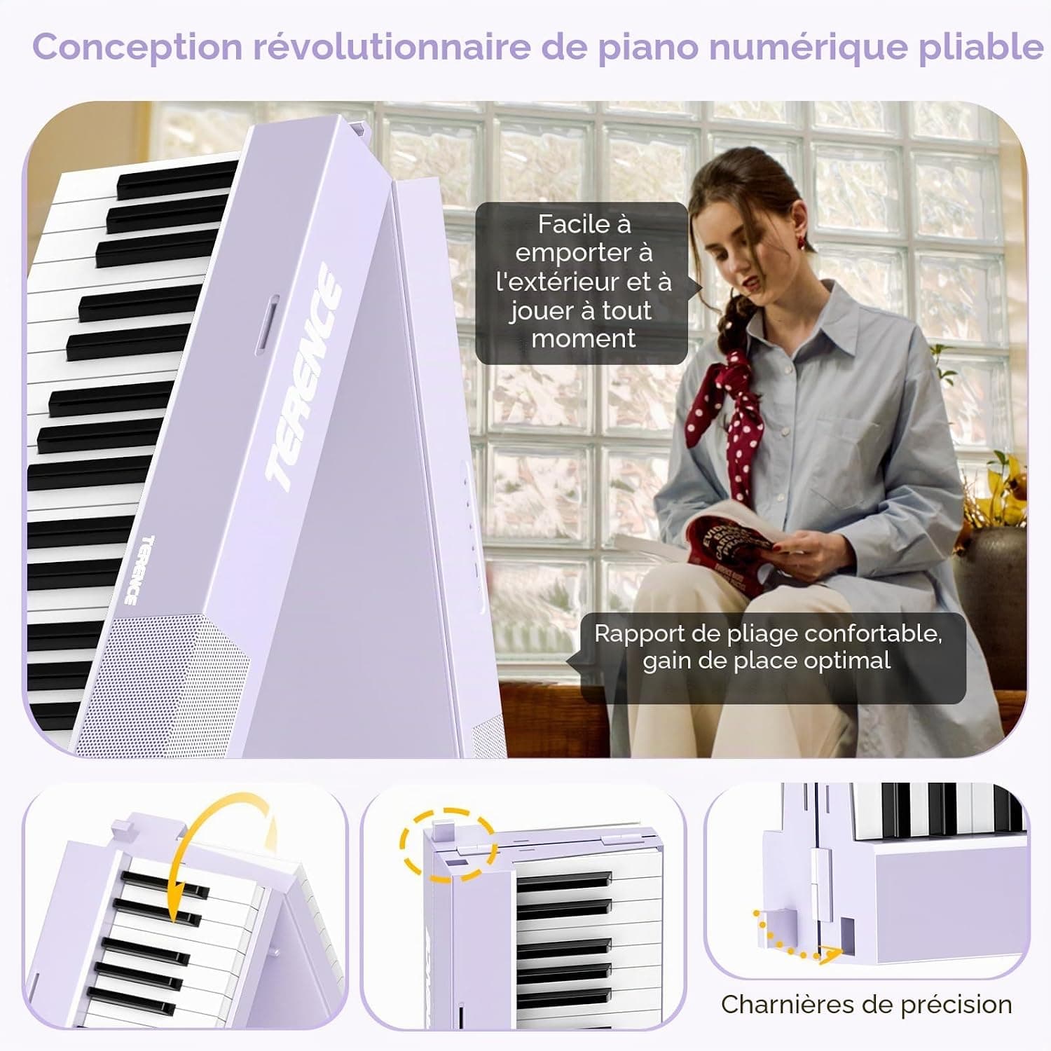 TERENCE Pliable Piano Numérique 88 touches avec Haut parleur 2x5W Batterie de 1800mAh lestées Pédale de Sustain interface MIDI avec support de partitions Bluetooth Sacs pour Piano Câble audio Violet | Keyboard Piano avec pupitre, autocollant, câble audio. Parfait pour les débutants, à la maison ou en déplacement