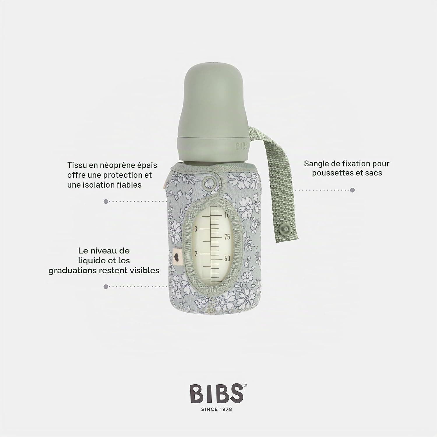 BIBS x LIBERTY Housse pour biberon, 110 ml, Capel Sage | Protection en néoprène | Compatible BIBS | Design LIBERTY | Lavable | Fabriqué au Danemark