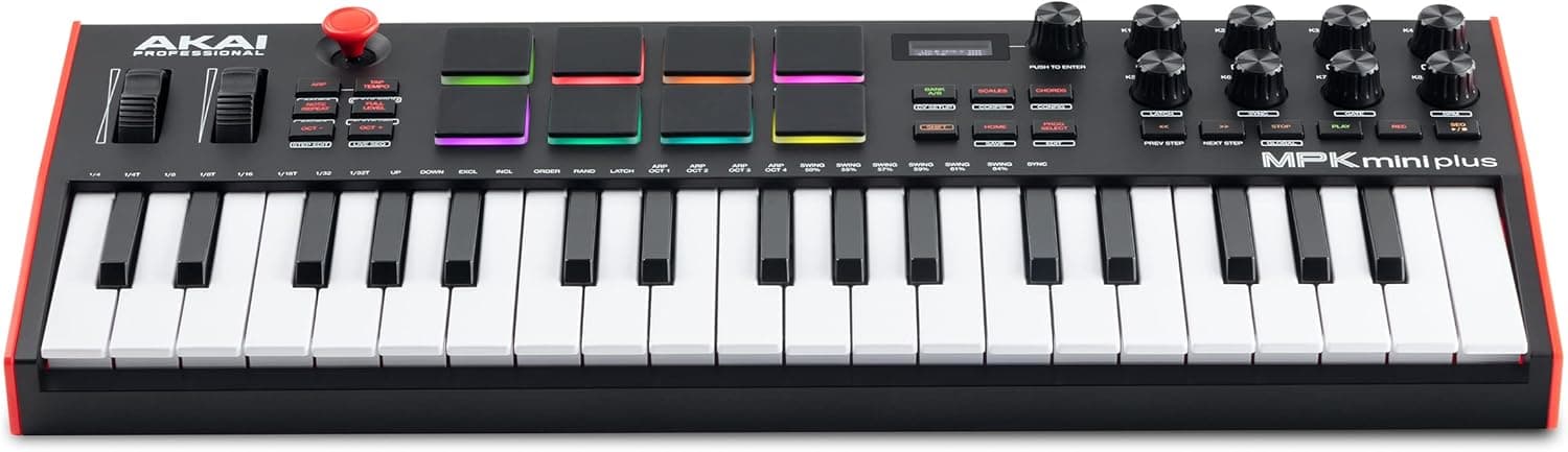 Akai Professional MPK Mini Plus Clavier MIDI USB 37 Touches | Touches Mini Sensibles à la Vélocité, 8 Pads MPC, Séquenceur 64 Pas, E/S MIDI/CV/Gate, Logiciels Inclus, pour Beatmakers