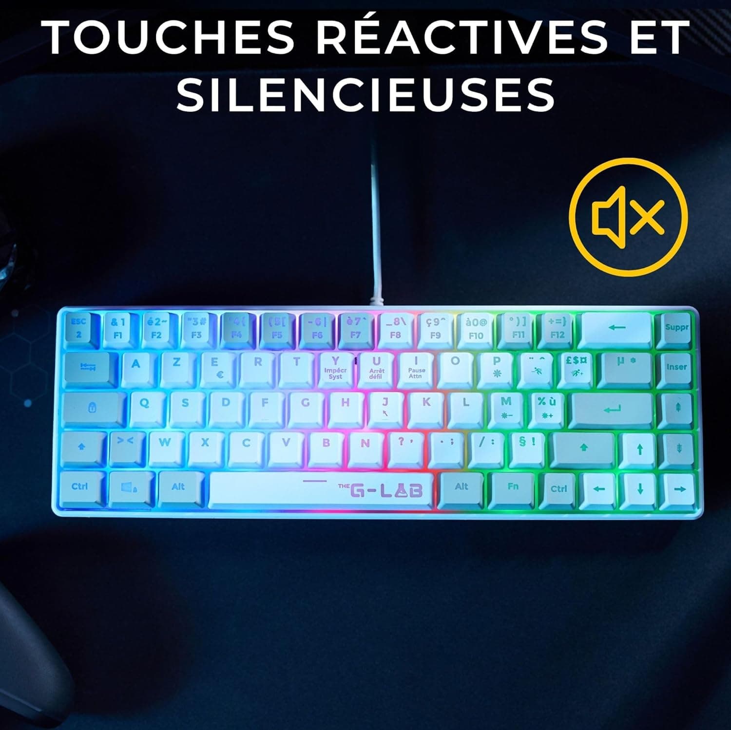 The G-Lab Keyz Hydrogen - Clavier Gamer Semi-mécanique 60% RGB AZERTY FR | Filaire USB, Format 60% Compact, Semi-mécanique, Rétroéclairage Multicolore, Silencieux, Blanc/Gris