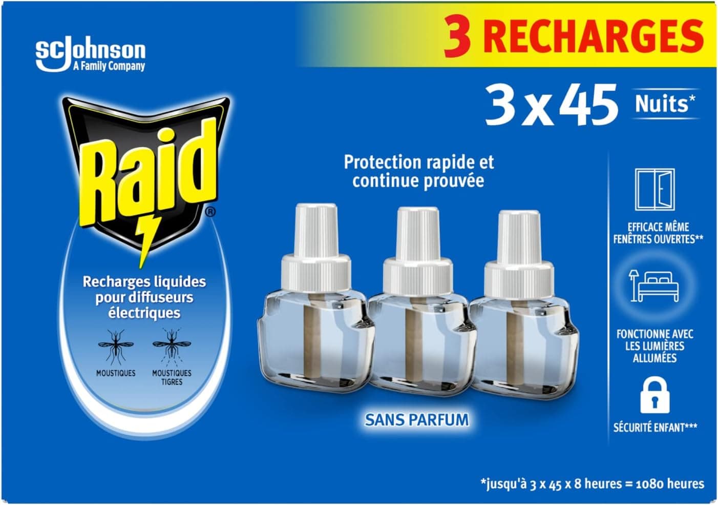 Raid Recharge 3en1 Electrique Liquide Moustiques & Moustiques Tigres - 3 Recharges 45 Nuits