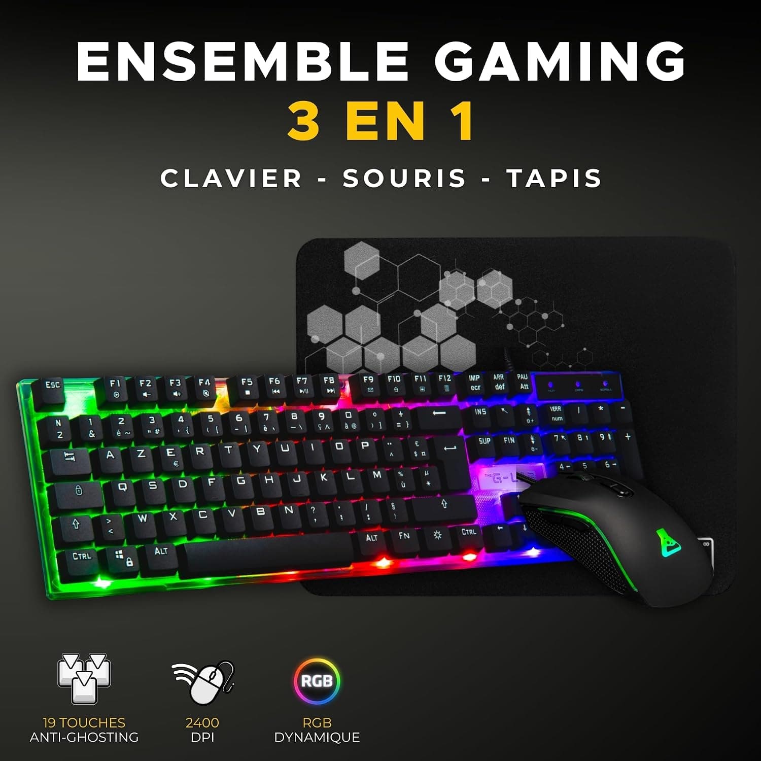 The G-Lab Combo Yttrium - Pack Gaming Clavier Souris Tapis RGB AZERTY FR | Clavier 105 Touches + Anti-Ghosting 19 Touches, Souris 2400 DPI, Tapis de Souris, RGB, Compatible PC/PS4/PS5