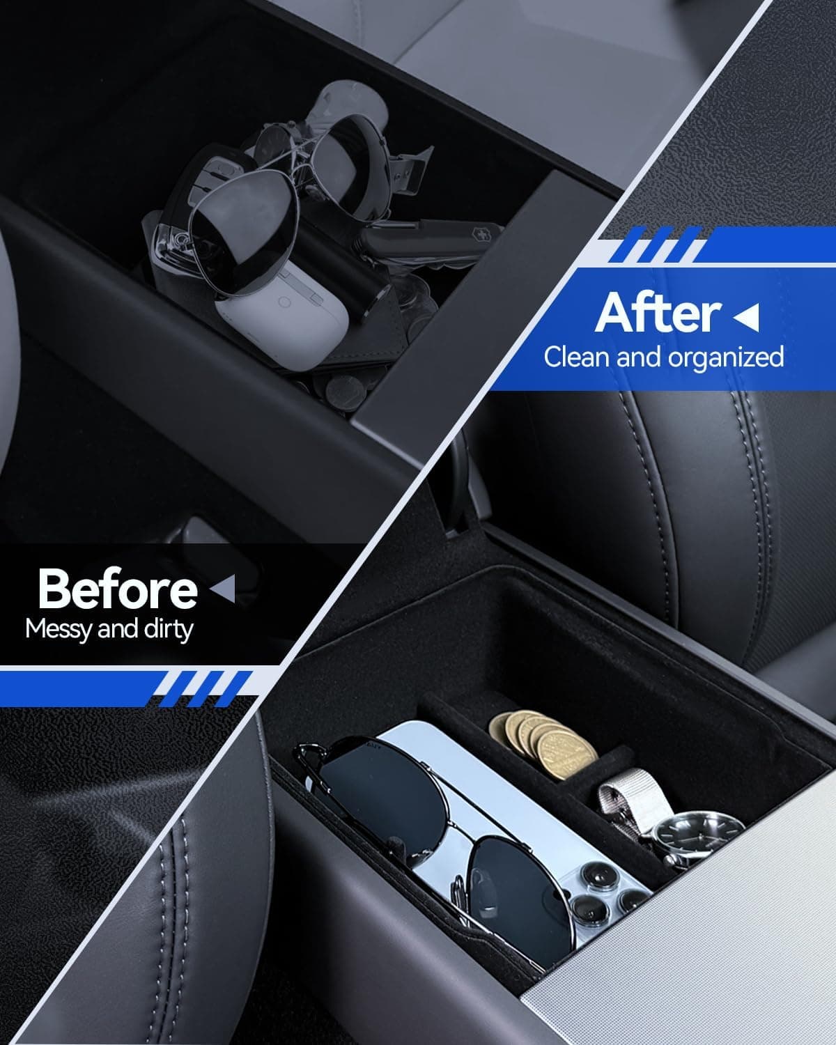 Lot de 3 accessoires pour Tesla Model Y 2025-2026 Juniper - Organiseur de console centrale - Boîte de rangement pour accoudoir et boîte cachée (flocage)