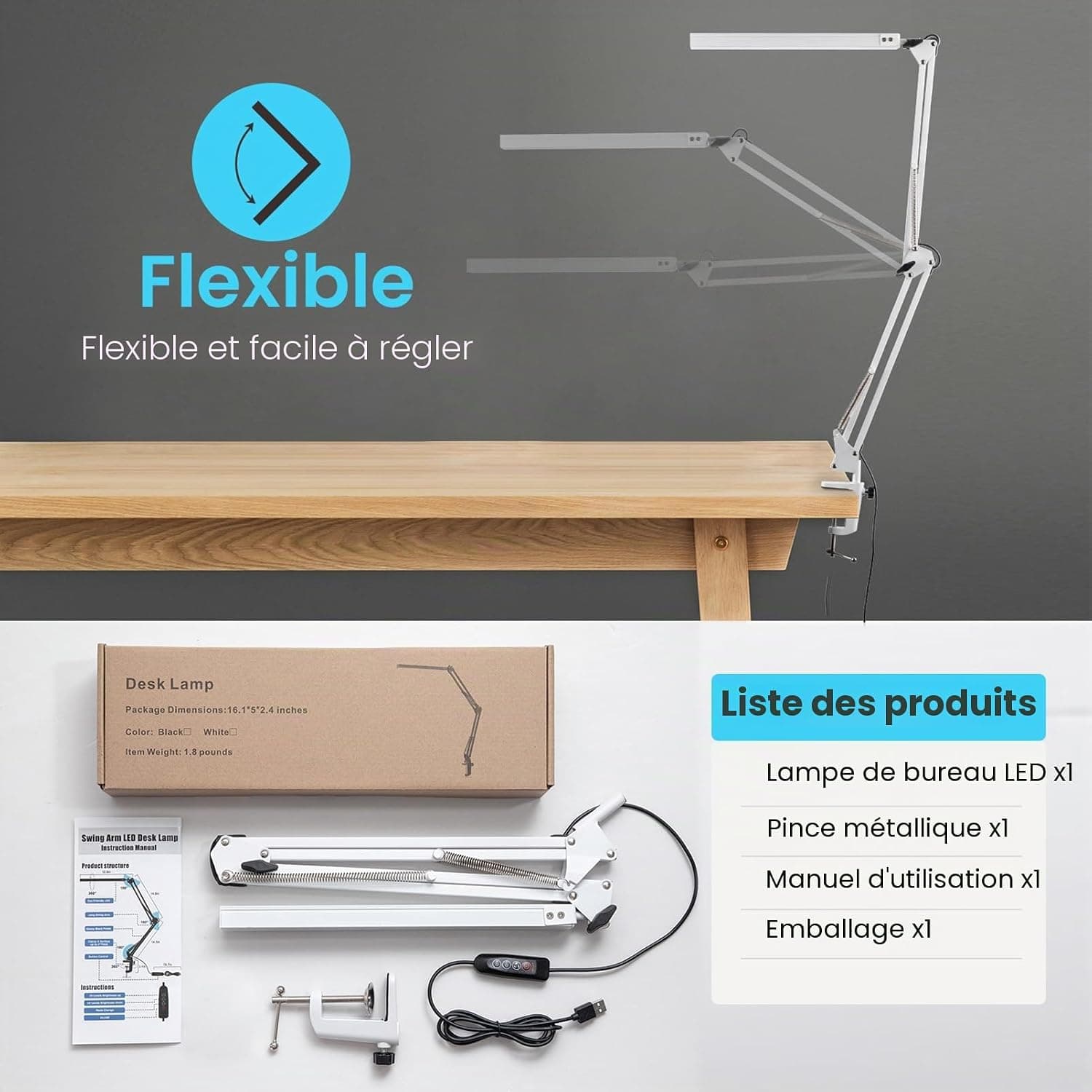 BIENSER Lampe de Bureau LED, 1100LM Lampe de Table avec Pince, 10 Niveaux de Luminosité X 3 Modes Réglables, Protection des Yeux, Fonction Mémoire, Lampe de Architecte pour Bureau, Lecture, Étude