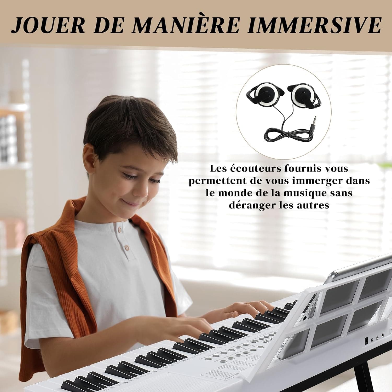 LALAHO Clavier Piano 61 Touches avec Support de Clavier, Banc de Piano, Piano Numérique avec Casque, Pupitre, Microphone, Écran LED, pour Débutants (Blanc)