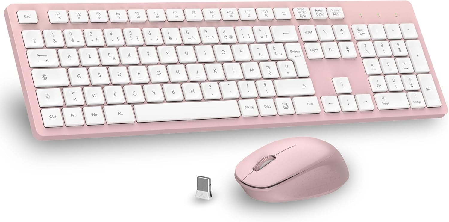 LeadsaiL Clavier Souris sans Fil, Ergonomique Ensemble Clavier de Souris Pleine Taille, 2,4 GHz avec Récepteur USB, 12 Boutons Programables pour PC, Portable, Windows, Mac AZERTY Français