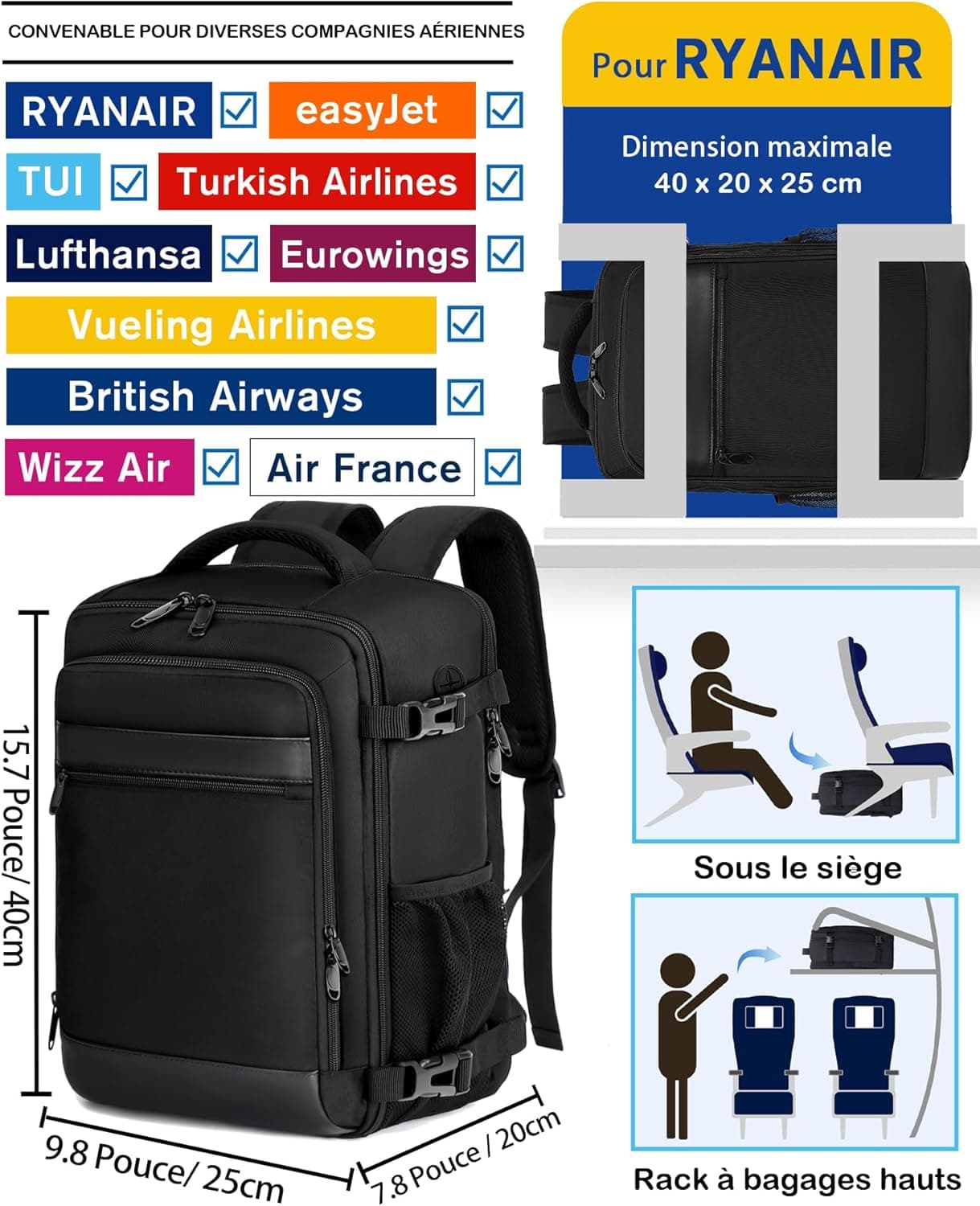 KLOSTAIN Sac a Dos Voyage Cabine Avion 40x20x25 Bagage Cabine pour Ryanair 20 L Femme Homme sous Siège Bagage à Main Petit Sac à Dos pour Ordinateur Portable 14 Pouces Noir