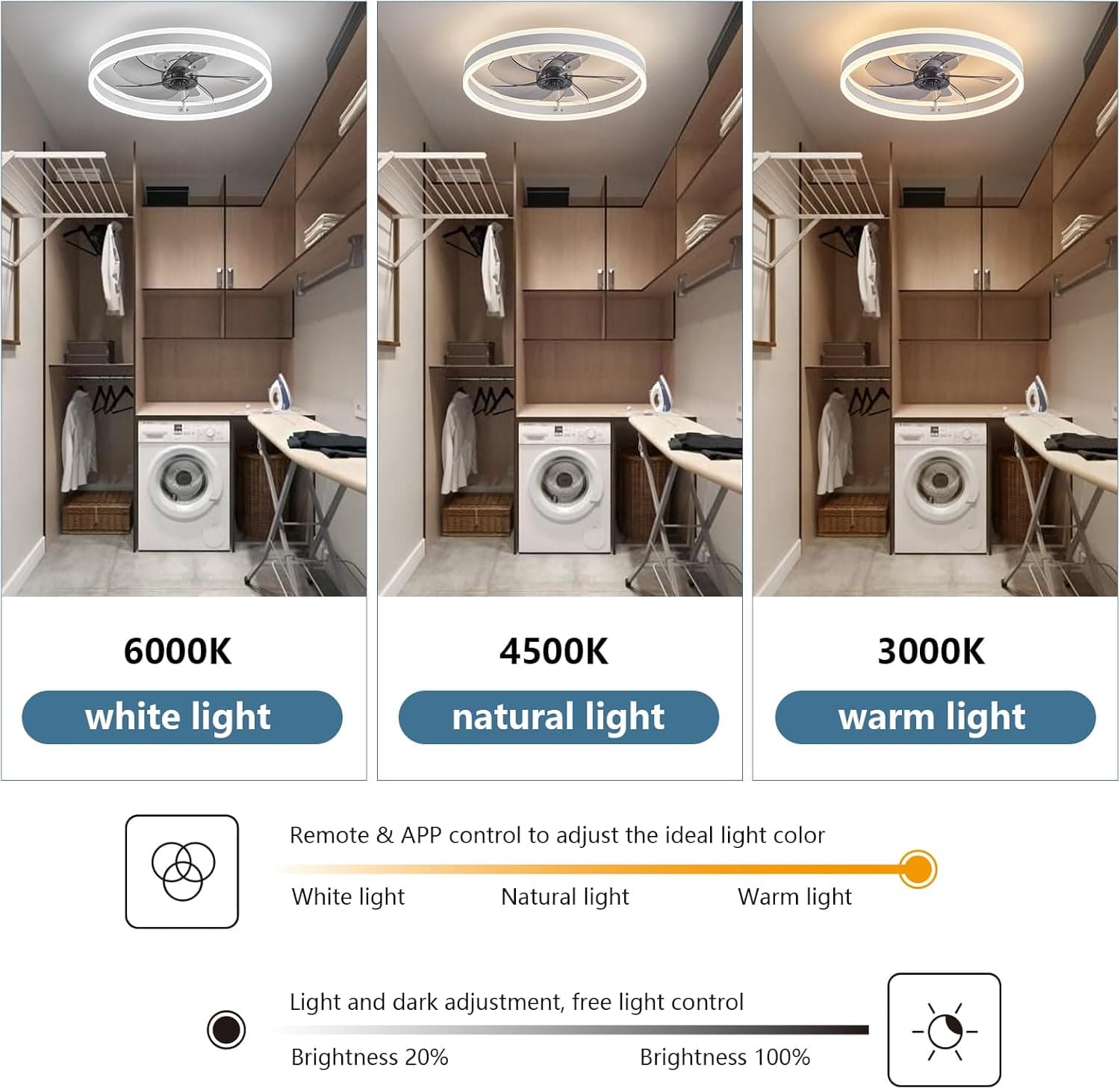 Ventilateur de Plafond Silencieux avec Lumiere et Telecommande,Ventilateur Plafond 50 cm, 6 vitesses et vent Réversible,LED dimmable, 3 Températures de Couleur en Option