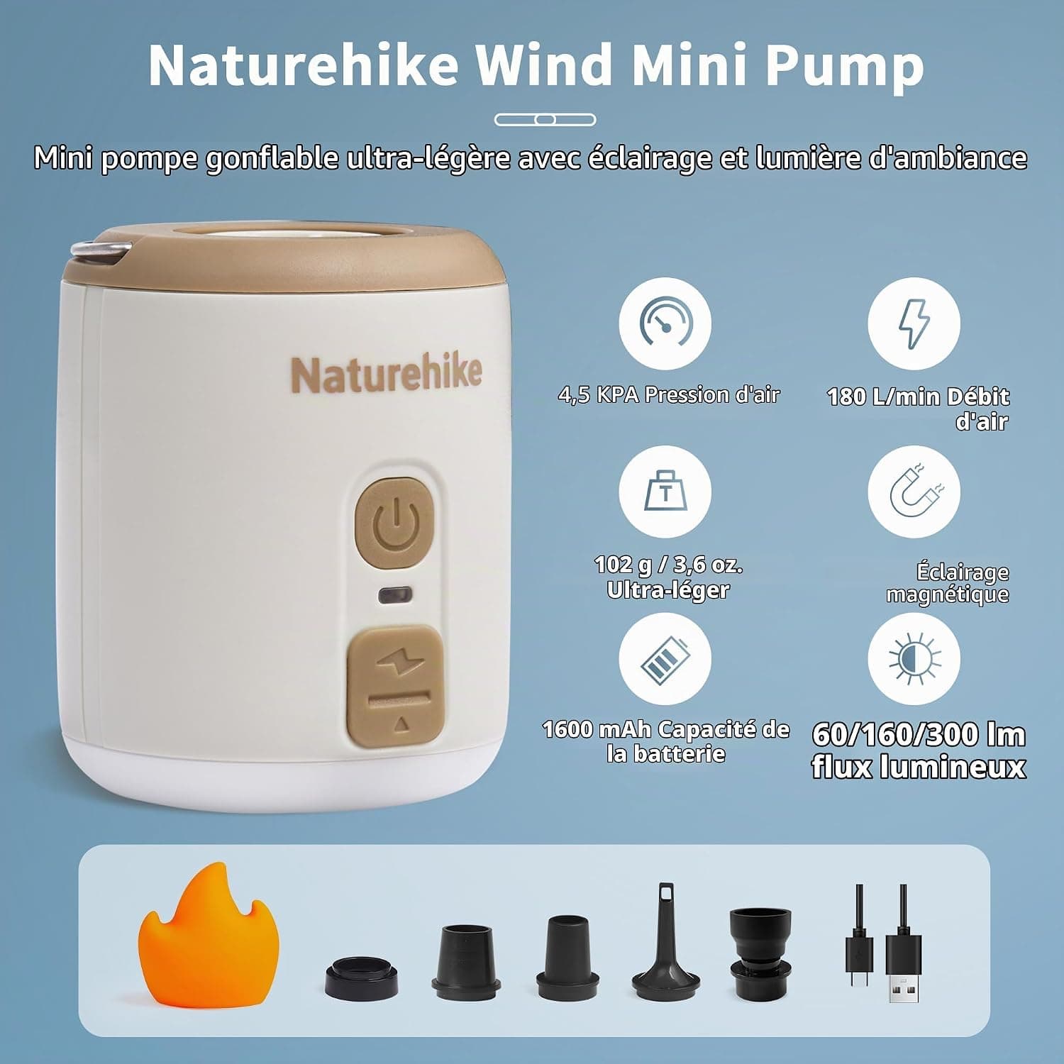 Naturehike Wind-Mini 1600 mAh Pompe à air à Batterie Rechargeable USB-C Mini Pompe à air de Camping Pompe à air électrique portative éclairée Pompe à air sur Coussin d'air avec 6 Buses d'air