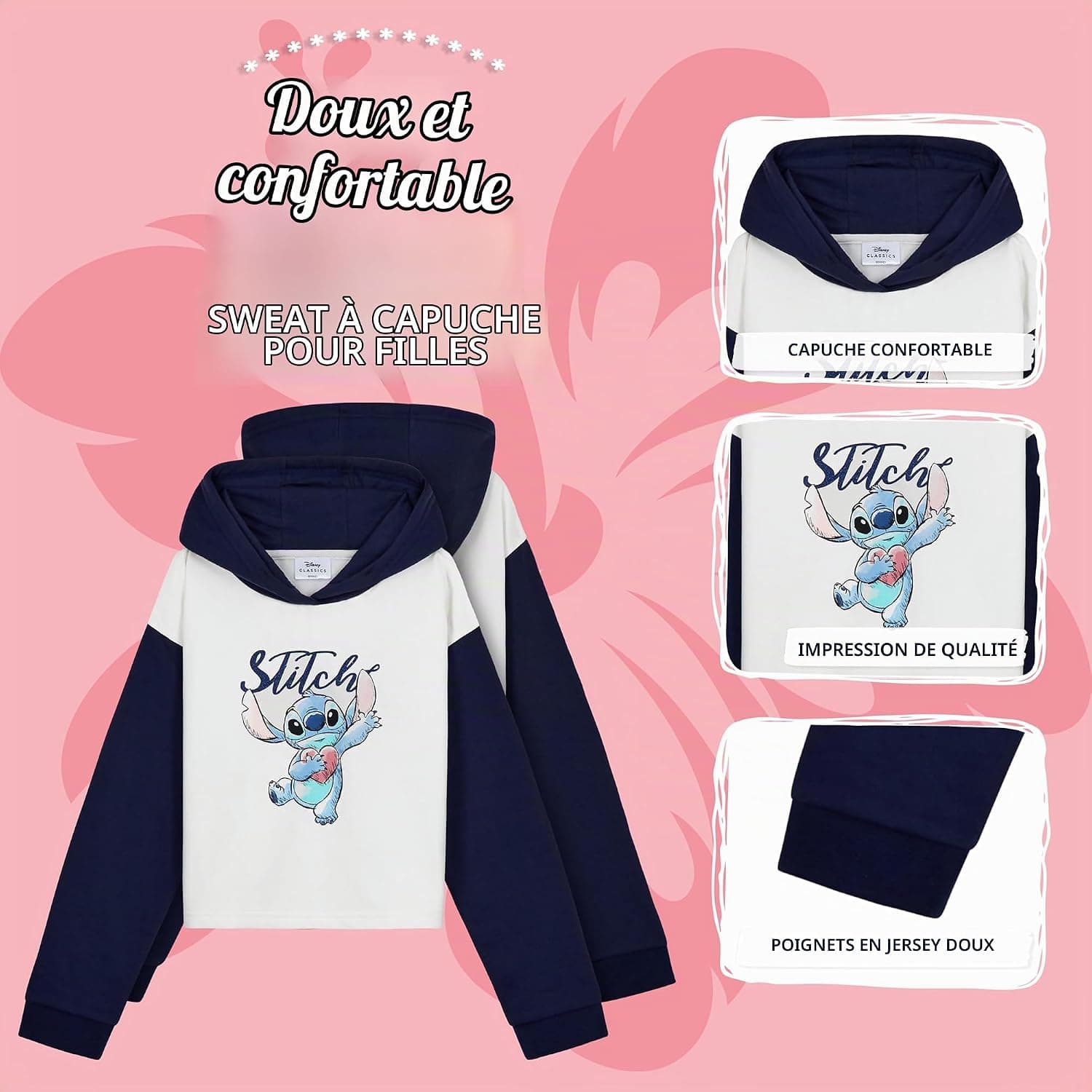 Disney Sweat à Capuche Fille Stitch, Pull Stitch, Crop Top Fille, Vêtements Mode Fille et Ado 7-14 Ans