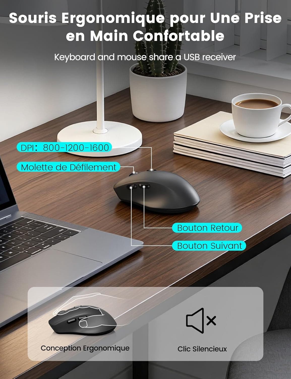Clavier et Souris sans Fil, Ergonomique Pleine Taille, Repose-Poignet, 3DPI | Support, Mode Veille, 12 Raccourcis Clavier, 2,4 GHz Silencieux Clavier Souris pour Windows, PC, Laptop, AZERTY-KM23 (Noir)