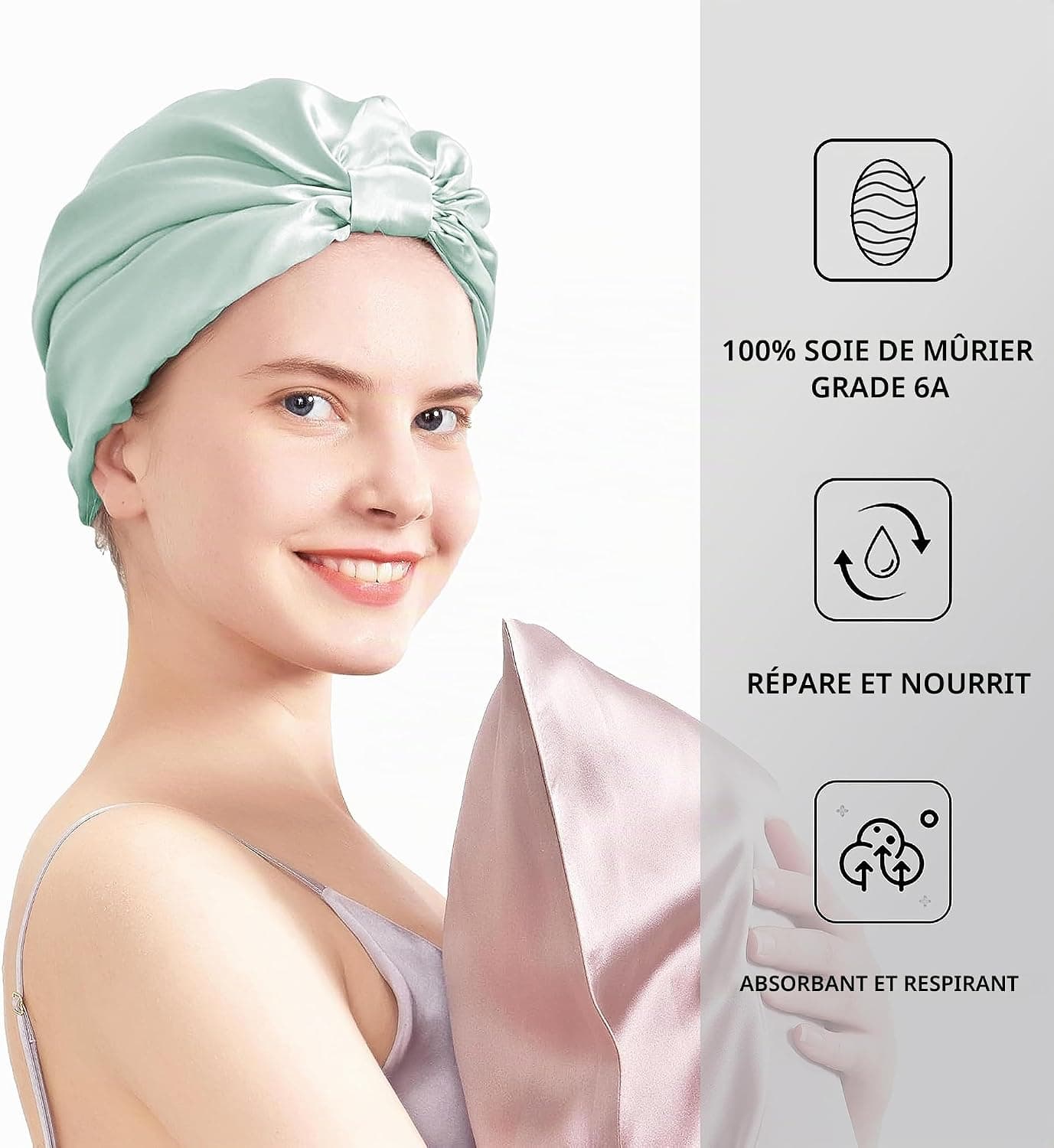 townssilk Bonnet de nuit 100% soie de mûrier pour femme, bonnet de nuit 16 momme en soie, bon pour les cheveux, protège les cheveux, bonnet de nuit en soie,populaire,Lightgreen