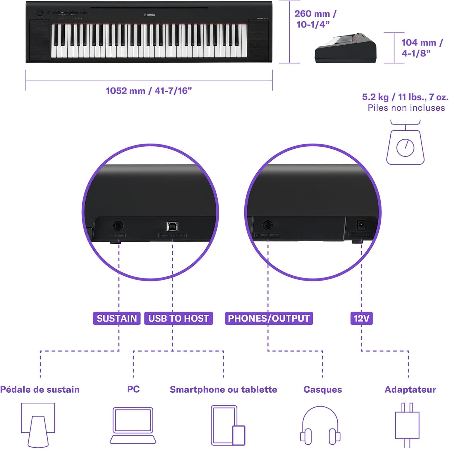 Yamaha Piaggero NP-15 Clavier numérique avec 61 touches et 15 voix instrumentales, léger et portable