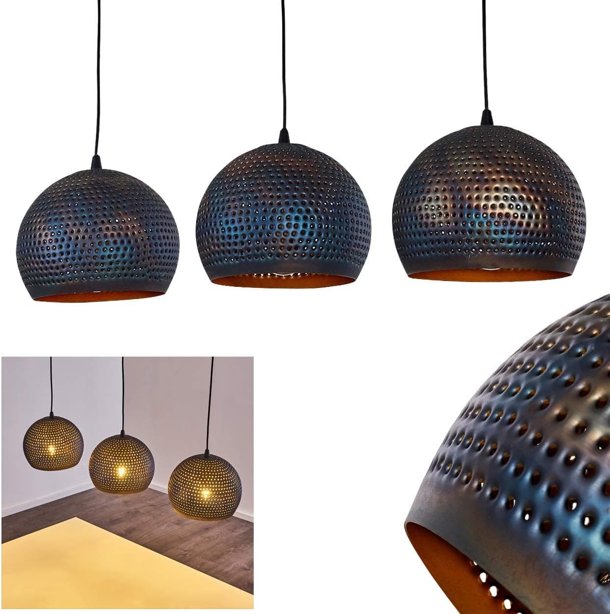 Lampe à suspendre Wildervanksterdallen, lampe à suspendre en métal noir/bronze/bleu scintillant, 3 flammes, 3 x E27, hauteur max. 174 cm, lampe à suspendre au design rétro/vintage, sans ampoules