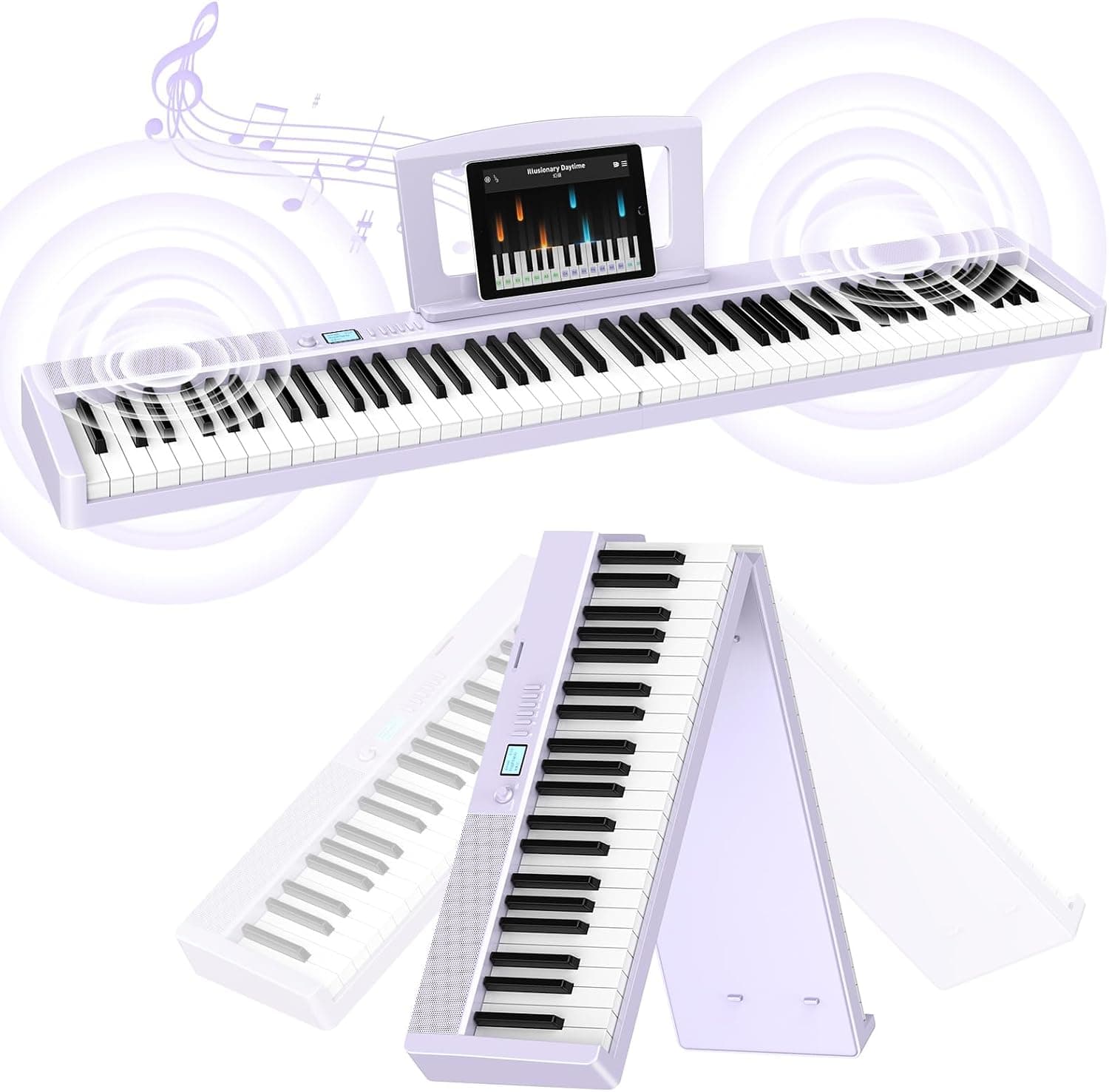 TERENCE Pliable Piano Numérique 88 touches avec Haut parleur 2x5W Batterie de 1800mAh lestées Pédale de Sustain interface MIDI avec support de partitions Bluetooth Sacs pour Piano Câble audio Violet | Keyboard Piano avec pupitre, autocollant, câble audio. Parfait pour les débutants, à la maison ou en déplacement