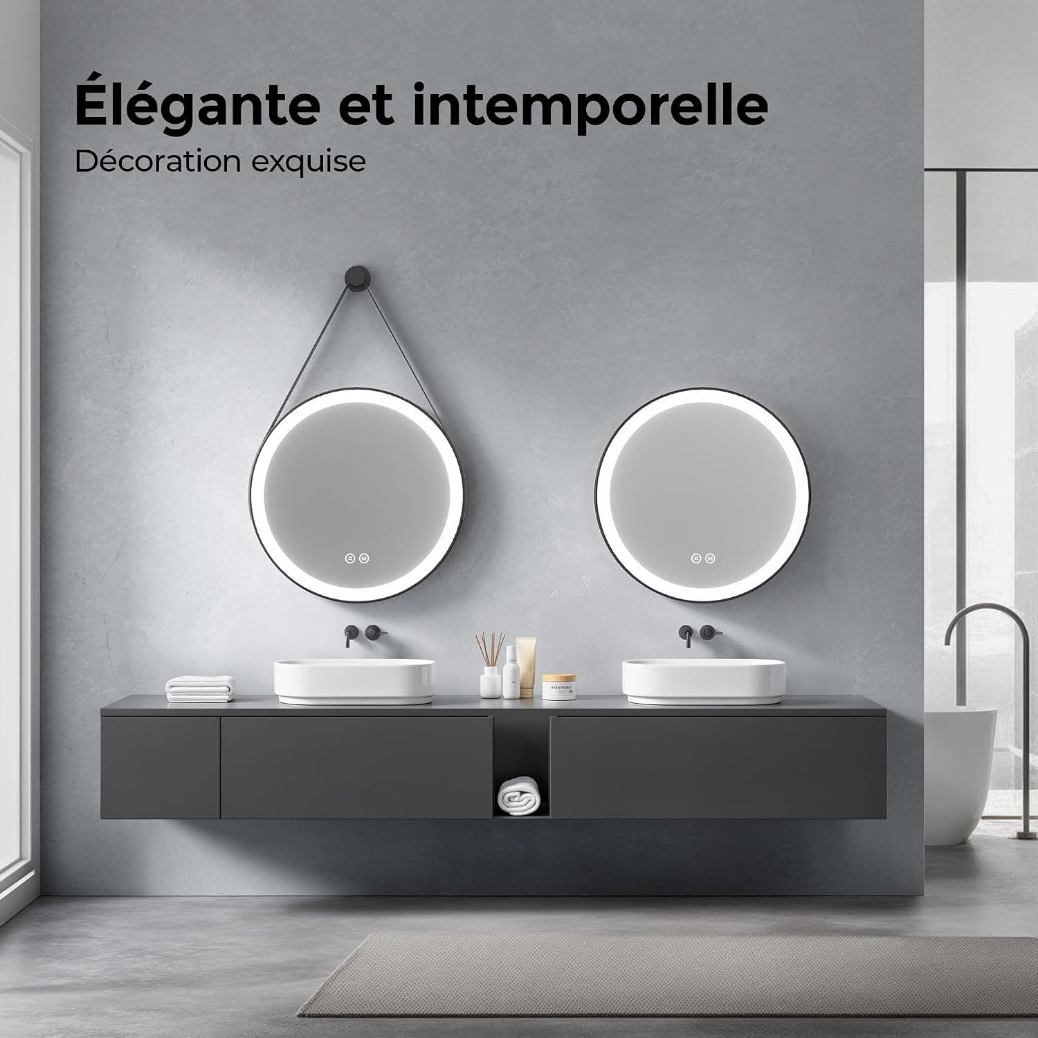 Heilmetz Miroir Salle de Bain Rond avec Éclairage 70cm, Miroir LED Salle de Bain avec Cadre Noir, Dimmable, 3 Couleurs Lumineux, Commande Tactile