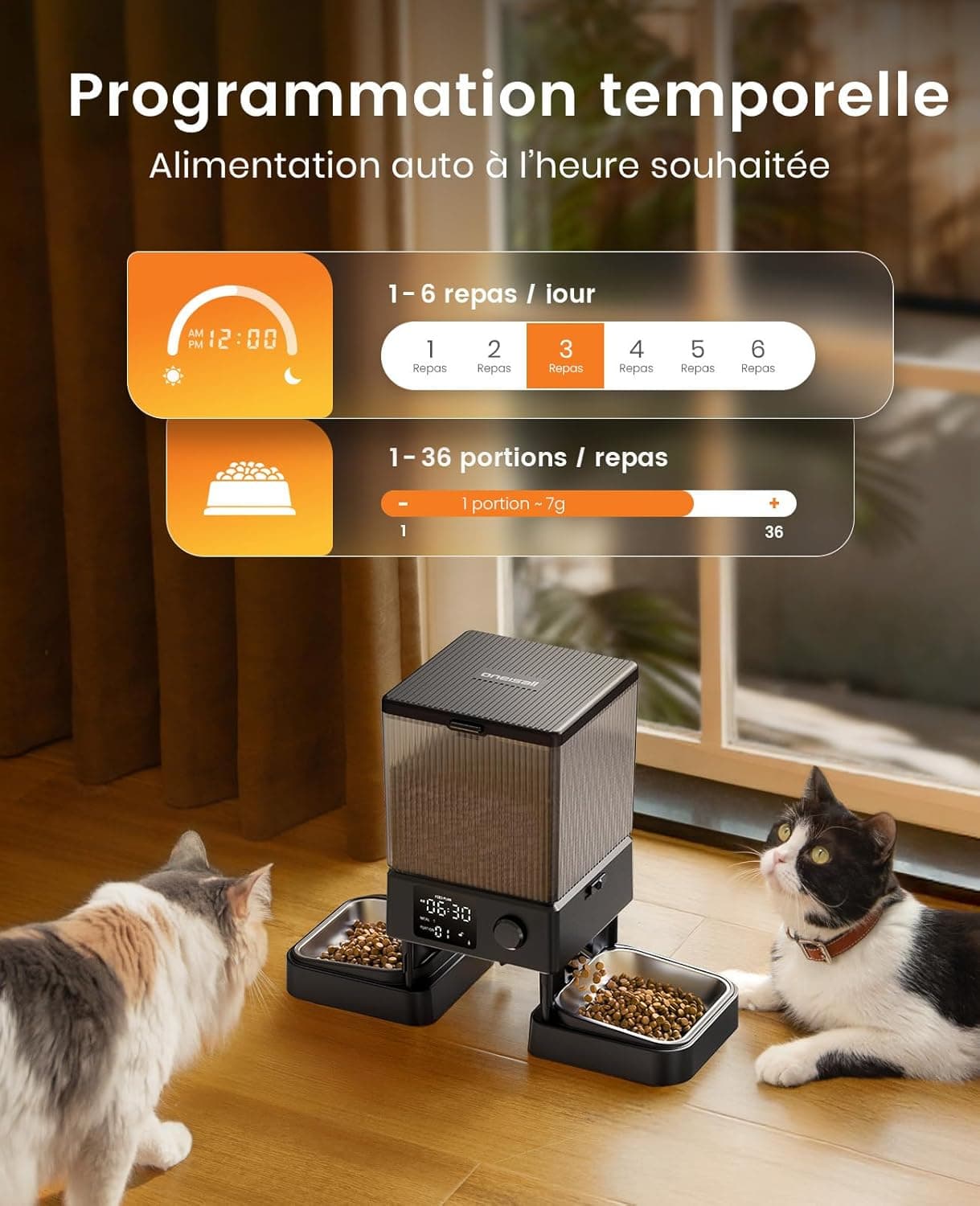 oneisall 5L Distributeur Croquettes Chat Automatique Double, 2 Bols INOX | Distributeur de Nourriture Programmable pour Chat/Chien, Enregistrement Vocal, Mangeoire Automatique à un Bouton Usage Facile