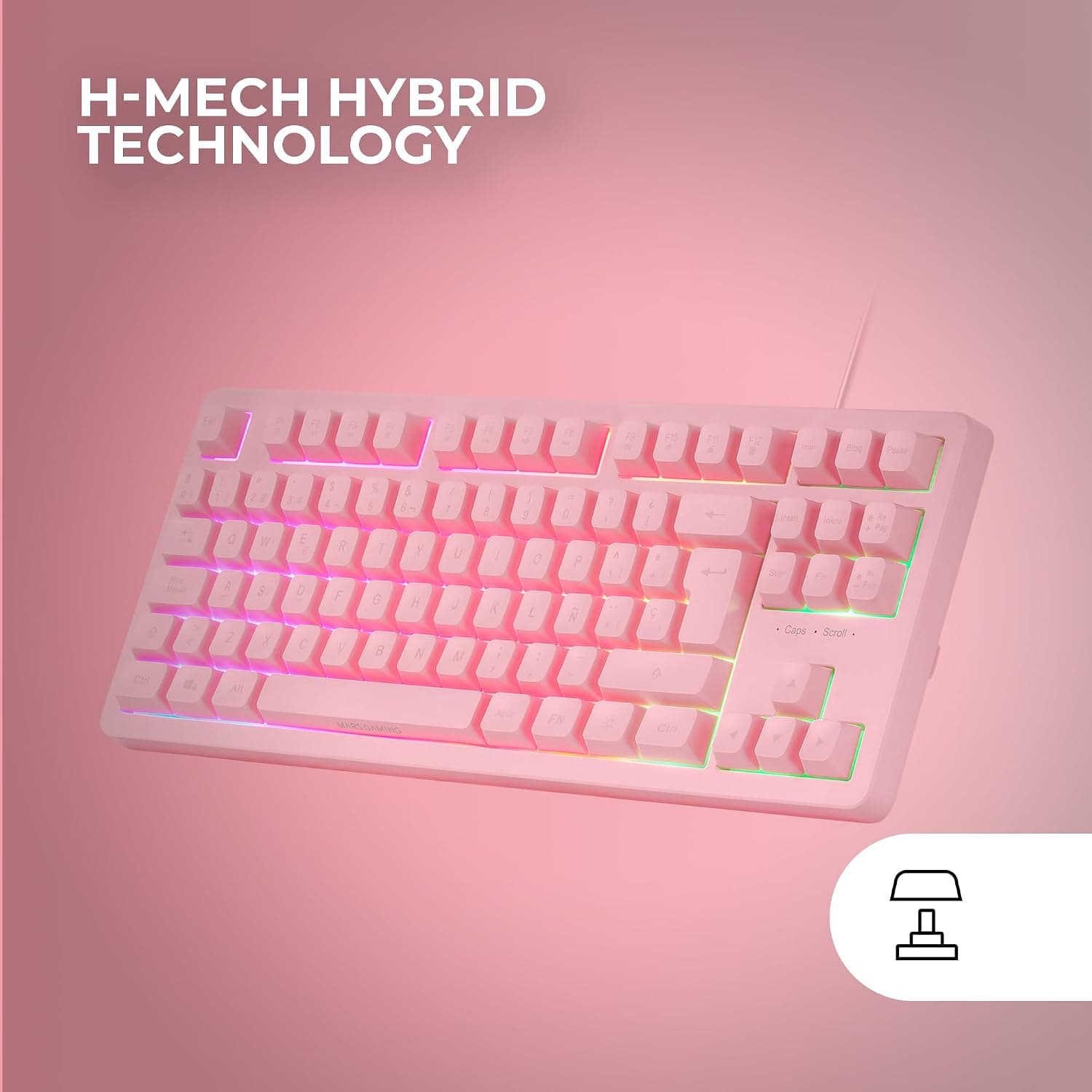 Mars Gaming MK023, Langue Français, Clavier Gaming TKL, Technologie Hybride H-Mech, Éclairage FRGB Rainbow, Anti-ghosting, Compatibilité Universelle, Rose