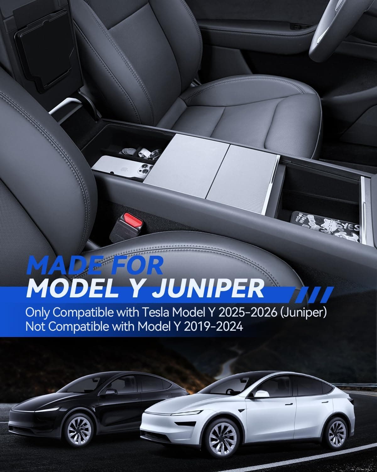 Lot de 3 accessoires pour Tesla Model Y 2025-2026 Juniper - Organiseur de console centrale - Boîte de rangement pour accoudoir et boîte cachée (flocage)