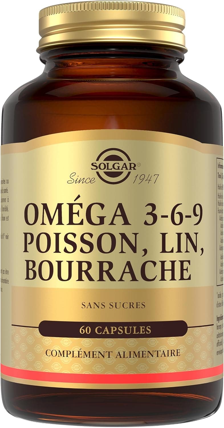 Solgar Omega 3-6-9 - Cardiovasculaire - Acides Gras - Poisson, Lin, Bourrache - Complément Alimentaire - Flacon de 60 capsules
