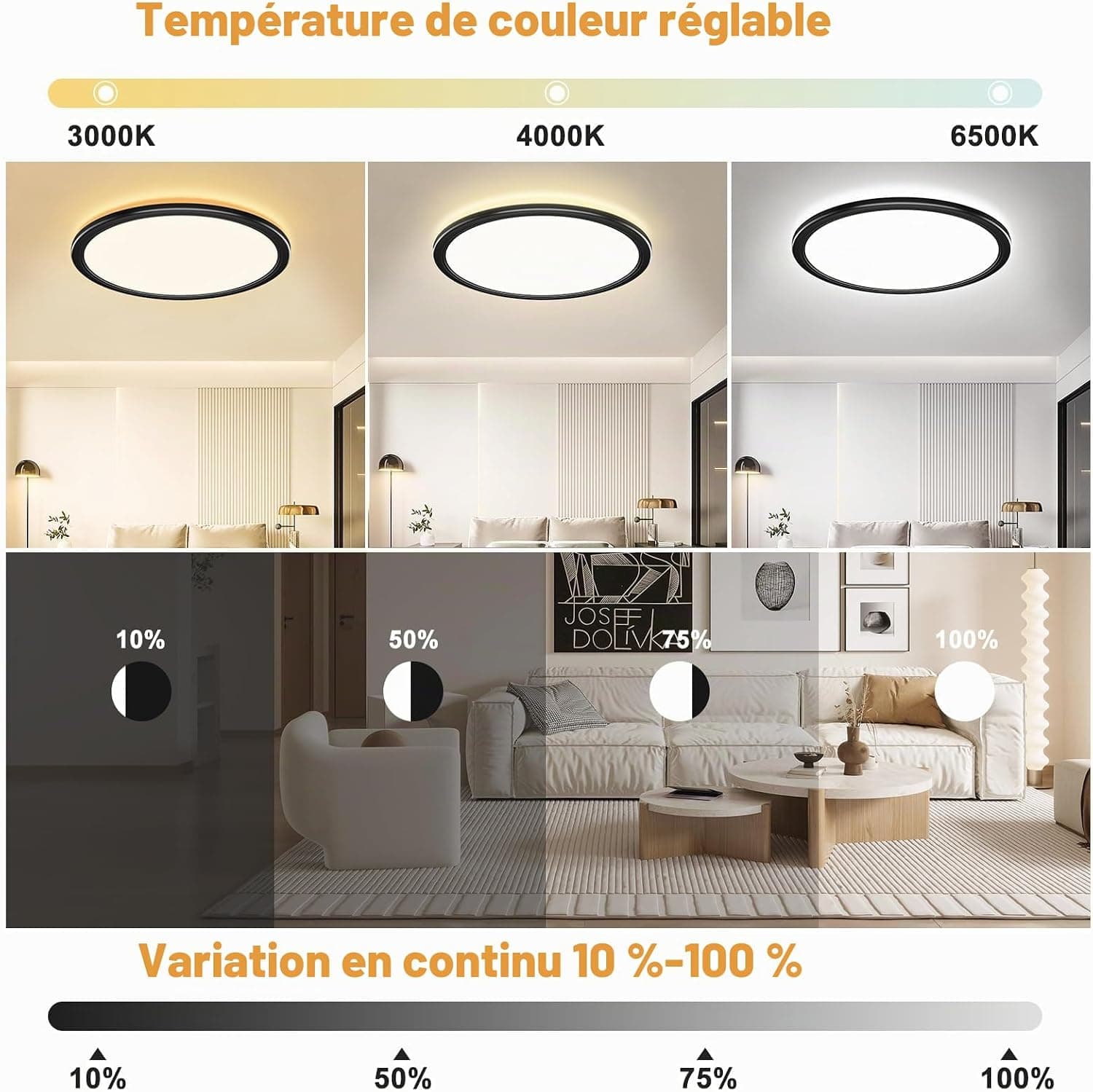 OUILA Plafonnier Led Telecommande, Dimmable Plafonnier Télécommande 24W Réglable Ø30cm 3000K-6500K Plafond Led Moderne Rond 2400LM Applicable Salle de Bain, Chambre, Cuisine, Salon(Noir)