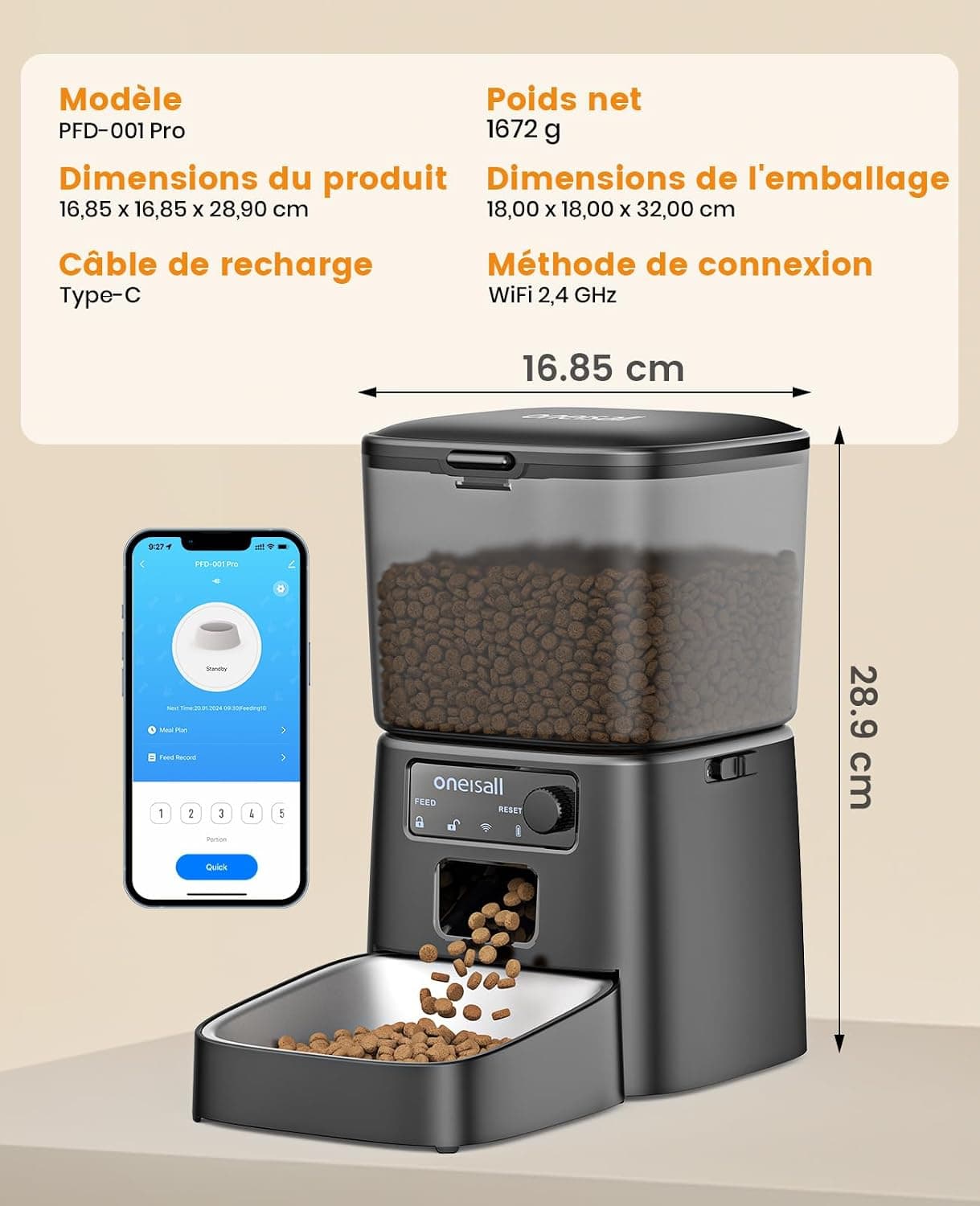 oneisall 3.5L Distributeur Croquettes Chat Automatique WiFi 2,4 GHz, Noir | Distributeur de Nourriture avec APP, Gamelle Automatique pour Chat/Chiens, Mangeoire Programmable, 1-10 Repas/Jour, Bol Inox