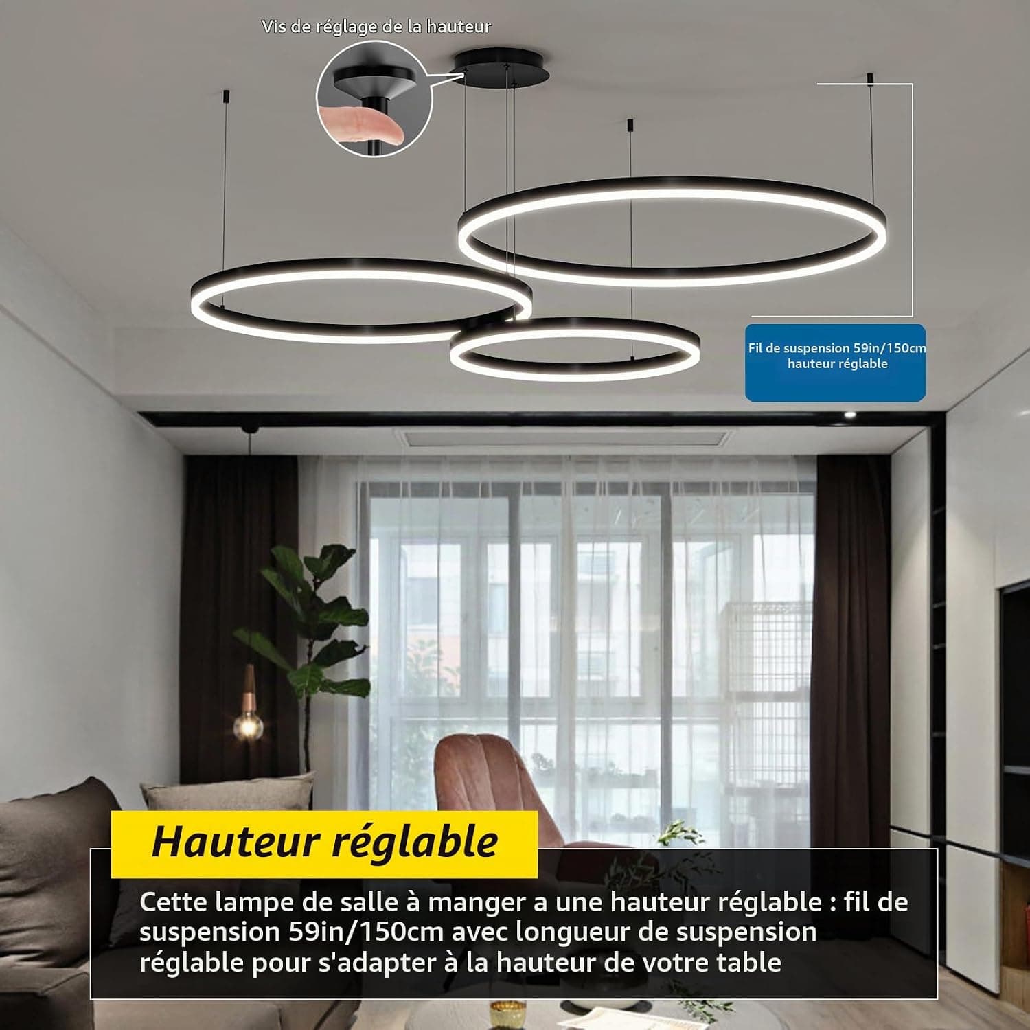 Mikeru 3 Anneaux Lampe Pendante Ronde, Suspension 20+40+60cm Lampe Pendante Télécommandée De 10% à 100% 3000k/4500k/6500k Plafonniers Modernes à Intensité Variable Pour Salon, Librairie