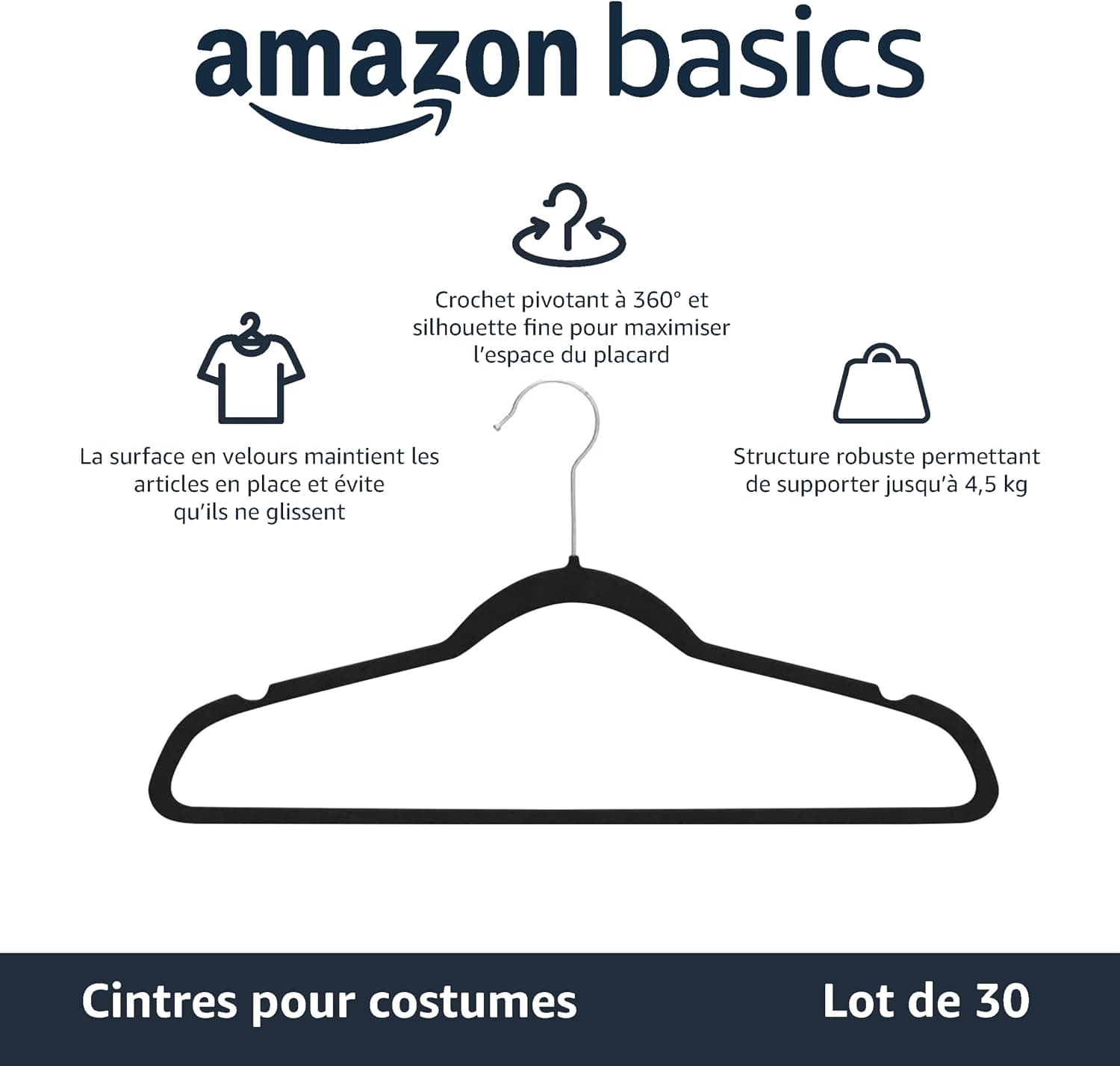 Amazon Basics Lot de 30 cintres en Velours pour Costumes, Noir