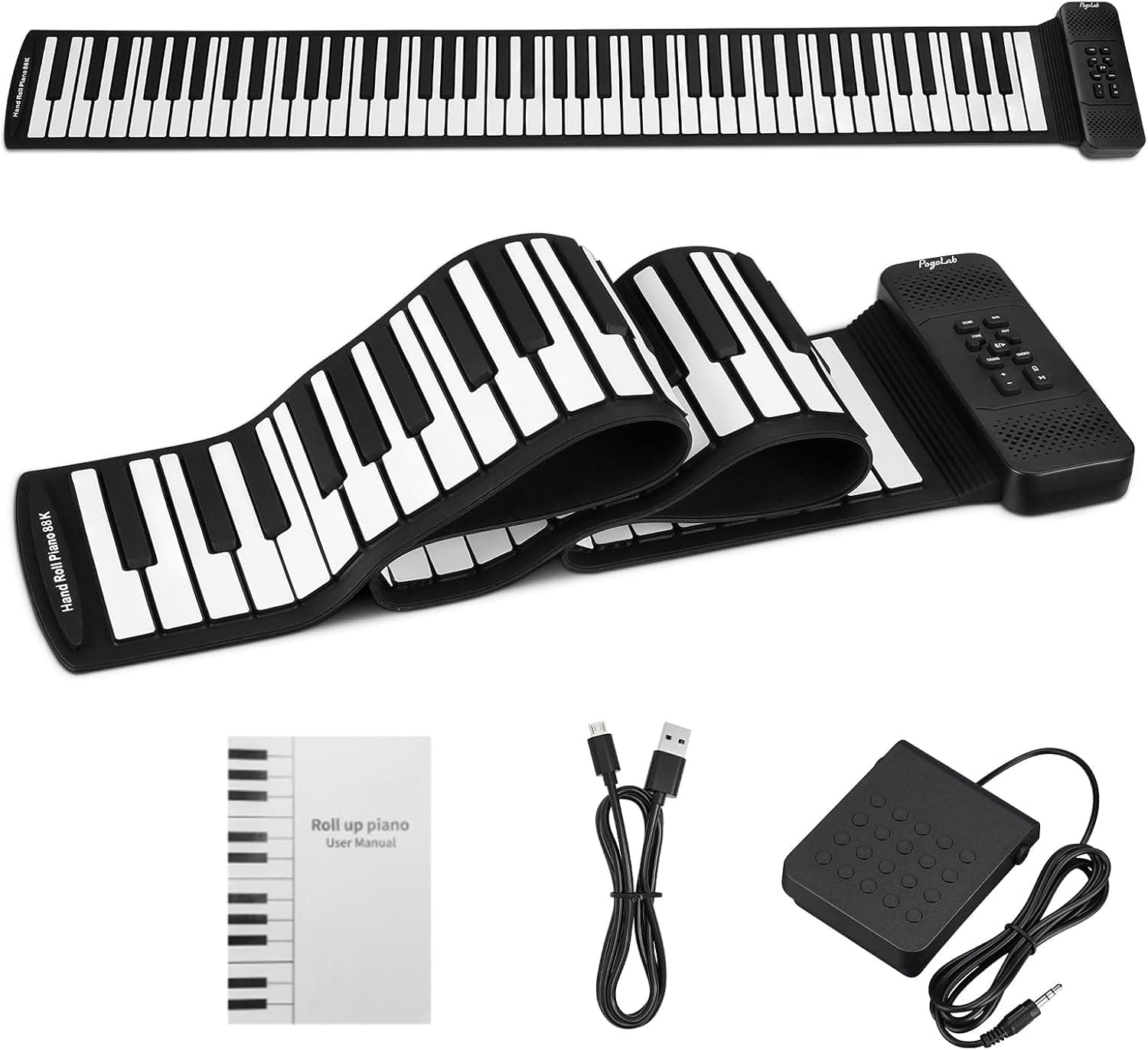 POGOLAB Clavier Piano 88 Touches Enroulable - Souple Avec 14 Démos/128 Rythmes/128 Tonalités, Pliable Portable Avec Pédale, Bluetooth, Numérique Pour Débutants