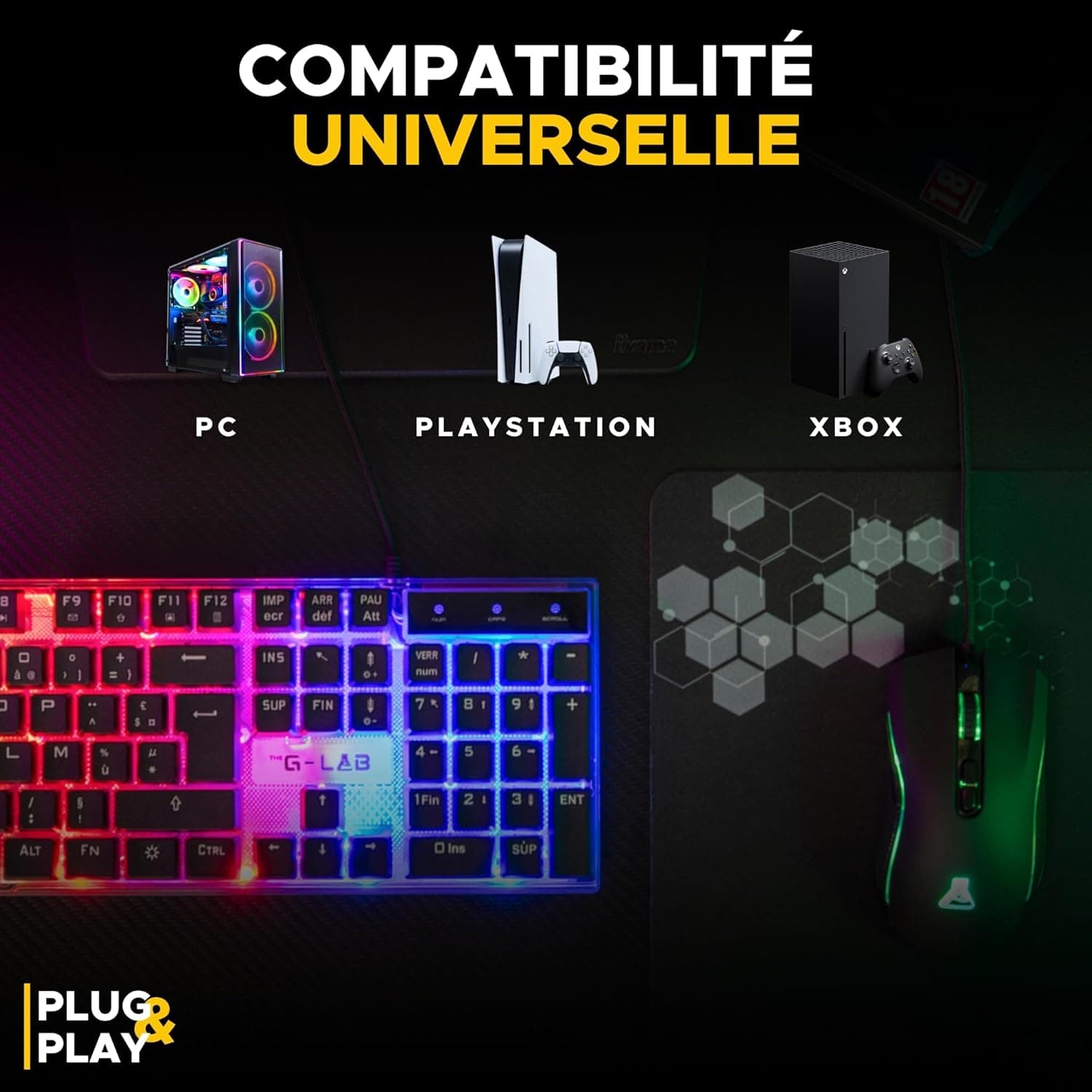 The G-Lab Combo Yttrium - Pack Gaming Clavier Souris Tapis RGB AZERTY FR | Clavier 105 Touches + Anti-Ghosting 19 Touches, Souris 2400 DPI, Tapis de Souris, RGB, Compatible PC/PS4/PS5
